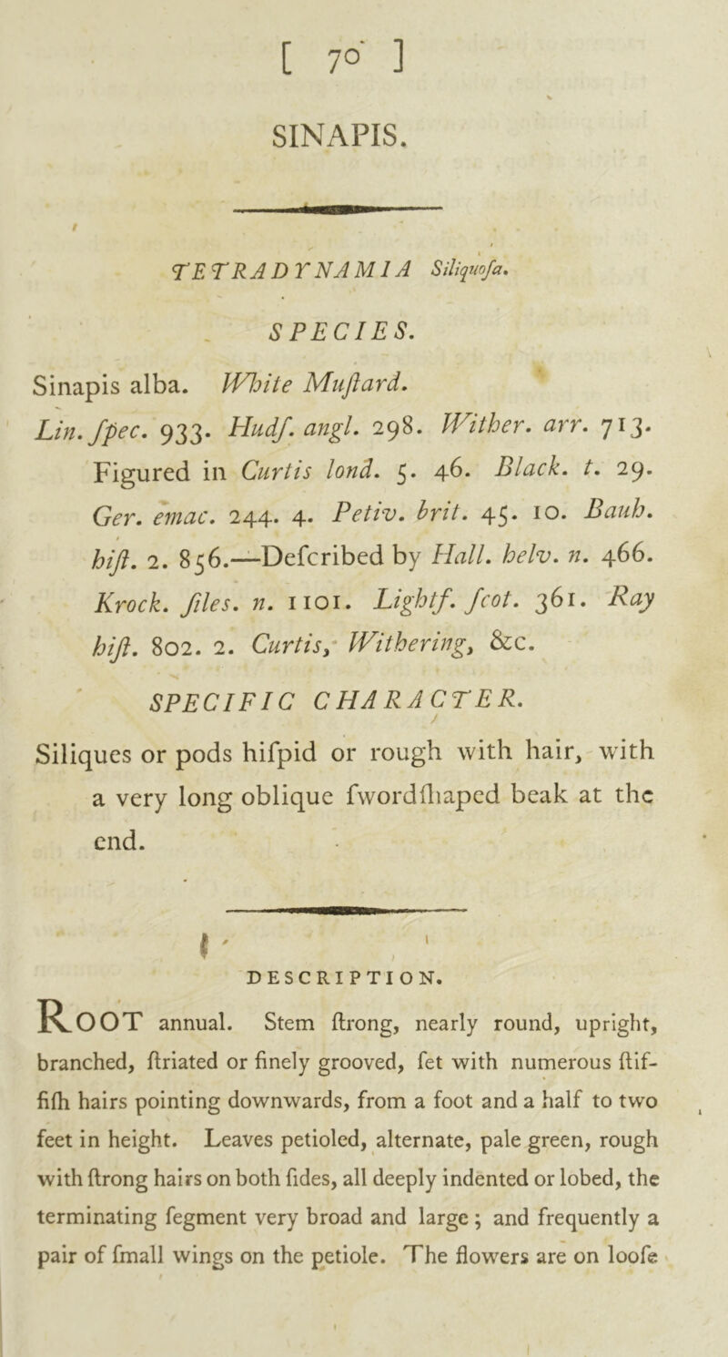 [ 7°' 1 SINAPIS. v / ^ • . i TETRADTNAMIA Siliquofa. SPECIES. Sinapis alba. White Muftard. Lin. Jpec. 933. Hudf.angl. 298. Wither. arr. 713. Figured in Curtis lond. 5* 4-6* Black. L 29. G<?r. 244. 4. Petiv. ir/V. 45* IO* Bauh. 0 hift. 2. 856.—Defcribed by Hall. helv. n. 466. Krock. files, n. 1101. Light/, fcot. 361. Ray hift. 802. 2. Curtis/ Withering, &c. SPECIFIC CHARACTER. J Siliques or pods hifpid or rough with hair, with a very long oblique fwordihaped beak at the end. { ' DESCRIPTION. R OOT annual. Stem fhong, nearly round, upright, branched, ftriated or finely grooved, fet with numerous ftif- fifh hairs pointing downwards, from a foot and a half to two feet in height. Leaves petioled, alternate, pale green, rough with ftrong hairs on both fides, all deeply indented or lobed, the terminating fegment very broad and large ; and frequently a pair of fmall wings on the petiole. The flowers are on loofe