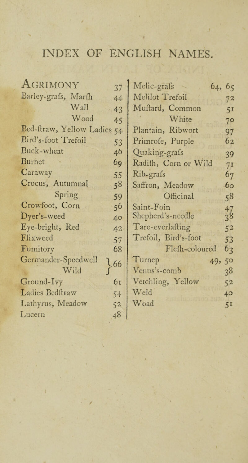 Agrimony 37 Barley-grafs, Marfh 44 Wall 43 Wood 45 Bed-ftraw, Yellow Ladies 54 Bird’s-foot Trefoil 53 Buck-wheat 46 Burnet • 69 Caraway 33 Crocus, Autumnal 58 Spring 59 Crowfoot, Corn 56 Dyer’s-weed 40 Eye-bright, Red 42 Flixweed 53 Fumitory 68 Germander-Speedwell 1 ^ Wild / Ground-Ivy 61 Ladies Bedftraw 54 Lathyrus, Meadow 52 Lucern 48 Melic-grafs Melilot Trefoil Muftard, Common White Plantain, Ribwort Primrofe, Purple Quaking-grafs Radilh, Corn or Wild Rih-grafs Saffron, Meadow Officinal Saint-Foin Shepherd’s-needle Tare-everlafting Trefoil, Bird’s-foot Flefh-coloured Turnep 49 Venus’s-comb Vetcnling, Yellow Weld Woad 64, 65 72 51 7° 97 62 39 7i 67 60 58 47 52 53 63 50 3* 52 40 51