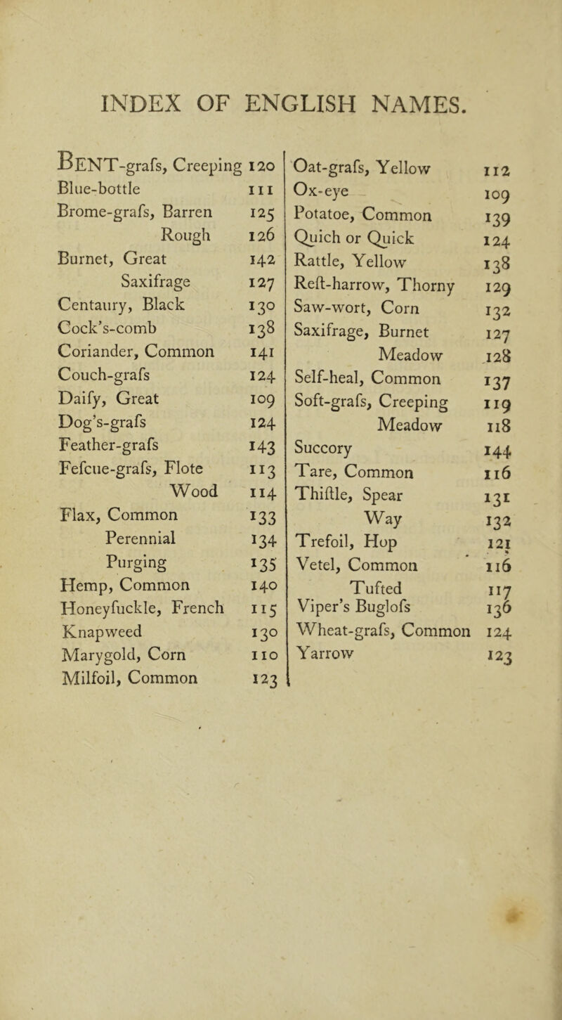 BENT-grafs, Creeping 120 Blue-bottle hi Brome-grafs, Barren 125 Rough 126 Burnet, Great 142 Saxifrage 127 Centaury, Black 130 Cock’s-comb !38 Coriander, Common 141 Couch-grafs 124 Daify, Great 109 Oog’s-grafs 124 Feather-grafs j43 Fefcue-grafs, Flote ri3 Wood 114 Flax, Common *33 Perennial *34 Purging *35 Hemp, Common 140 Honeyfuckle, French 115 Knapweed 13° Marygold, Corn 110 Milfoil, Common I23 Oat-grafs, Yellow 112 Ox-eye 109 Potatoe, Common J39 Quich or Quick 124 Rattle, Yellow 13S Reft-harrow, Thorny 129 Saw-wort, Com 132 Saxifrage, Burnet 127 Meadow ,128 Self-heal, Common r37 Soft-grafs, Creeping 119 Meadow 118 Succory 144 Tare, Common 116 Thiftle, Spear Way 132 Trefoil, Hop 121 % Vetel, Common 116 Tufted 117 Viper’s Buglofs 136 Wheat-grafs, Common 124 Yarrow 123