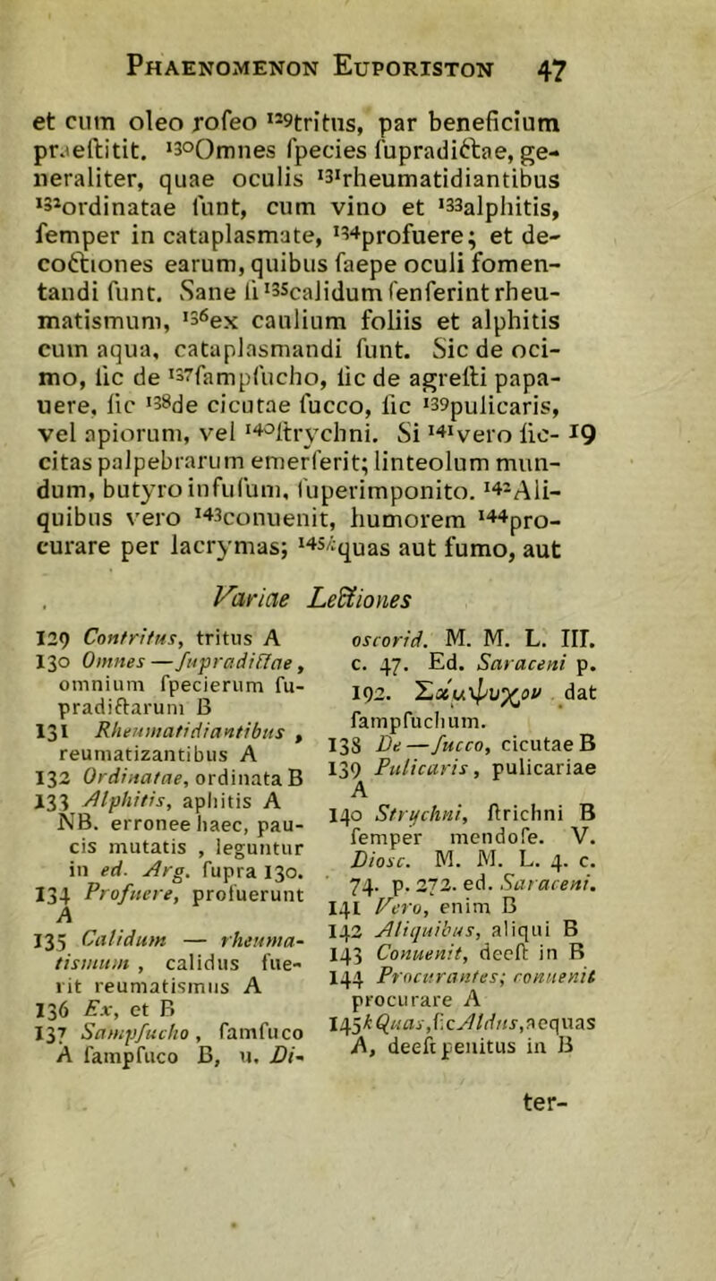 et cum oleo rofeo **9tritns, par beneficium pr.ieftitit. >3oOmnes fpecies fupradi61:ae, ge- neraliter, quae oculis ‘3irheumatidiantibus *3*ordinatae lunt, cum vino et ‘33alphitis, femper in cataplasmate, ^34profuere; et de- coctiones earum, quibus faepe oculi fomen- tandi funt. Sane li *3ScaJidum Tenferint rheu- matismum, *36ex caulium foliis et alphitis cum aqua, cataplasmandi funt. Sic de oci- mo, lic de *37fampfucho, lic de agrelli papa- uere, lic *38de cicutae fucco, lic *39pulicaris, vel apiorum, vel '^oitrychni. Si *‘»*vero lic- 19 citas palpebrarum emerferit; linteolum mun- dum, butyro infufum, luperimponito. ^^^Ali- quibus vero ^^Sconuenit, humorem ‘44pro- curare per lacrymas; i4s/;qQas aut fumo, aut Variae LeUiones 129 Contritus, tritus A 130 Omnes—fufradinae, omnium fpecierum fu- pradiftarum B 131 Rheumati di antibus , reuniatizantibus A 132 Ordinatae, ovA\na.t3i'B 133 Alfhitis, apliitis A NB. erronee haec, pau- cis mutatis , leguntur in ed. ^rg, fupra 130. 134 Profuere, profuerunt A 135 Calidum — rheuma- tisuium , calidus fue- rit reumatismiis A 136 Ex, et B 137 Satiqjfucho, famfuco A fampfuco B, n. 2?/- oscorid. M. M. L. III. c. 47. Ed. Saraceni p. 192. dat fampfuclium. 138 De—fucco, cicutae B 139 Puticaris, pulicariae A 140 Strtfchni, llrichni B femper mendofe. V. Diosc. M. M. L. 4. c. 74. p. 272. ed. Saraceni. 141 Fero, enim B 142 Aliquibus, aliqui B 143 Conuenit, decfi: in B 144 Procurantes; conuenit procurare A I45^^«flj-,f:c^W«j-, aequas A, deeft penitus in B ter-