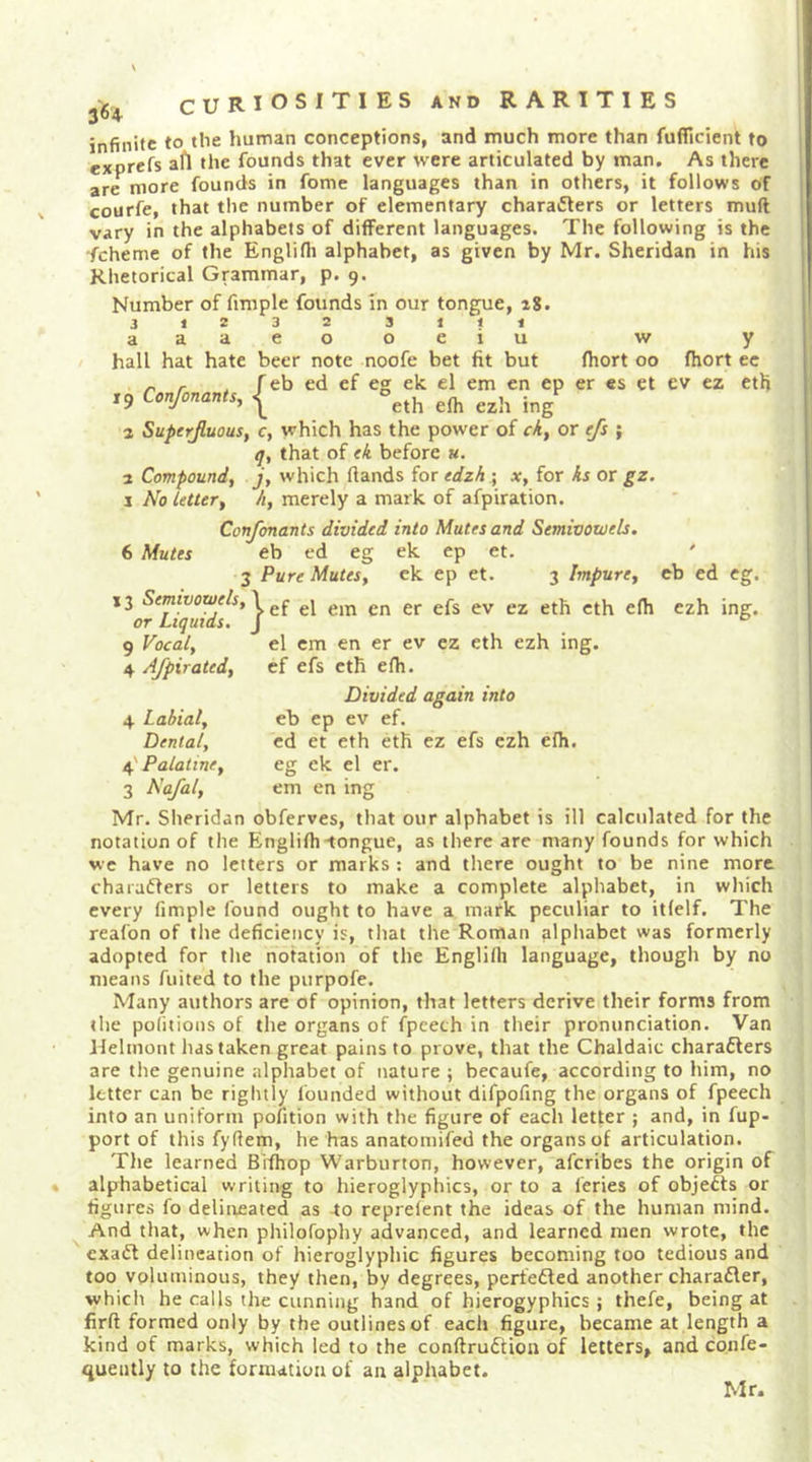 infinite to tlie human conceptions, and much more than fufflcient to exprefs afl the founds that ever were articulated by man. As there are more founds in fome languages than in others, it follows of courfe, that the number of elementary characters or letters muft vary in the alphabets of different languages. The following is the fcheme of the Englifli alphabet, as given by Mr. Sheridan in his Rhetorical Grammar, p. 9. Number of fimple founds in our tongue, 28. 31232 3111 aaaeo oeiu w hall hat hate beer note noofe bet fit but fhort 00 eb ed cf eg ek el em en ep er es et eth efh ezh ing 3 Superjluous, c, which has the power of ci, or ^ ; t/, that of (A before k. 2 Compound^ j, which Hands for edzhi x, for As or gz. I No Uttery //, merely a mark of afpiration. Confonants divided into Mutes and Semivowels. 6 Mutes eb ed eg ek ep et. 3 Pure Mutes, ck ep et. 3 Impure, eb ed eg. Semivowels,^ el em en er efs ev ez eth eth efh ezh ing. 19 Confonants, y fhort ec ev ez eth f/3,I or Liquids. J 9 Vocal, 4 Afpirated, el em en er ev ez eth ezh ing. ef efs eth efh. Divided again into eb ep ev ef. ed et eth eth ez efs ezh efh. eg ck el er. 4 Labial, Dental, Palatine, 3 Mr. Sheridan obferves, that our alphabet is ill calculated for the notation of the Englifh-tongue, as there are many founds for which we have no letters or marks : and there ought to be nine more chaiaffers or letters to make a complete alphabet, in which every fimple found ought to have a mark peculiar to itfelf. The reafon of the deficiency is, that the Roman alphabet was formerly adopted for the notation of the Englifli language, though by no means fuited to the purpofe. Many authors are of opinion, that letters derive their forms from the pofitions of the organs of fpcech in their pronunciation. Van Uelmont has taken great pains to prove, that the Chaldaic characters are the genuine alphabet of nature ; becaufe, according to him, no letter can be rightly founded without difpofing the organs of fpeech into an uniform pofition with the figure of each letter ; and, in fup- port of this fyflem, he has anatomifed the organs of articulation. The learned Blfhop Warburton, however, aferibes the origin of alphabetical writing to hieroglyphics, or to a feries of objeCfs or figures fo delineated as -to reprefent the ideas of the human mind. And that, when philofophy advanced, and learned men wrote, the cxaCl delineation of hieroglyphic figures becoming too tedious and too voluminous, they then, by degrees, pertefled another charaCler, which he calls the cunning hand of hierogyphics ; thefe, being at firft formed only by the outlines of each figure, became at length a kind of marks, which led to the conftruCtion of letters, and confe- quently to the formation of an alphabet. Mr.