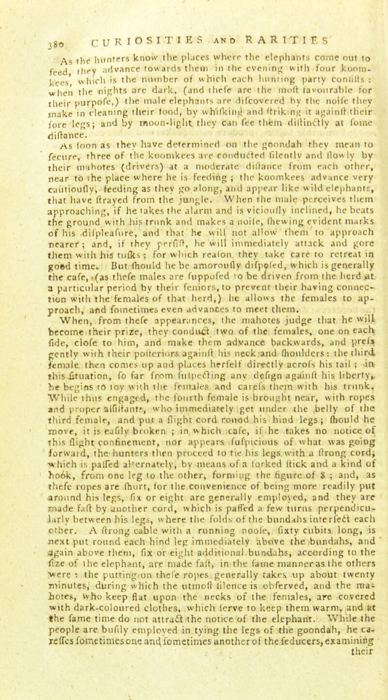 As the luiniers know tlie places where the elephants come out to feed they advance towards them in the evcnini{ witli four kooni- kccs' which is the number of which each hunting party conlilis : wlien the nights are dark, (and thefe are the mod lavoiirahle for tlieir purpofe,) the male elephants are fiCcovered by the noile they make in cleaning tlieir food, by whifking and (friking it againff their fore legs; and by moon-light they can fee thfcm dilfimitly at foine diftancc. As foon as they Iiave determined on the gonndah they mean to fecure, three of the koonikees are conducted filcntly and flow ly by their nv-ihotes (drivers) at a moderate diOance from each other, near to the place where he is feeding ; the koomkees advance very caiitioufly, feeding as they go along, and appear like wild elephants, that have drayed from the jungle. Wlien the male perceives them approaching, if he takes the alarm and is vicionfly inclined, he beats the ground with liis trunk and makes a noile, (hewing evident marks of his .dilpleafure, and that he will not allow them to approach nearer ; and, if they perfid, he will immediately attack and gore them with his tufks; for which realon they take care to retreat in goed time. But diould he be amorouflv difpoled, which is generally the cafe, t(as thefe males are fuppofed to be driven from the herd lat a particular period by their feiiior.s.to prevent their having connec- tion with the females of that herd,) he allows the females to ap- proach, and fometimes even advances to meet them. When, from thefe appearances, the mahotes judge that he will become their prize, they conduct two of the females, one on each fide, clofe to him, and make them advance backwards, and prcls gently with their podcriors agaiiid his neck and flioulders; the third, female then comes up and places herfelf directly acrols his tail ; in this iituation, fo far from i'tilpefling any clefign againlf his liberty, he begins tO toy with the females and cards them with his trunk. While thus engaged, the fourth female is brought near, with ropes and proper airidant.*, who immediately get under the .belly of the third female, and put a flight cord roimd his hind legs; fhould he 'move, it is eafily broken ; in whicli cafe, if he takes no notice of this flight confinement, nor appears fufpicious of what was going forw'aid, the-hunters then proceed to tie his legs with a flrong cord* w hich is paired alternately, by means of a forked dick and a kind of ho6k, from one leg to the other, forniiiig the figure of 8 ; and, as thefe topes are (hurt, for the coiivenieiice of being more readily put around his legs, fix or eight are generally employed, and they are made fad by another cord, which is paffed a few titrns perpendicu- larly between liis legs, where the folds of the bundahs interfedl each other. A drong cable with a running noole, fixty cubits long, is next put round each hind leg immediately above the bundahs, and again above them, fix or eight additional bundahs, according to the fize of the elephant, are made fad, in the lame manner as the others ■were r the putting-on ihele ropes generally takes up about twenty minutes, during which the utmod lilence is obferved, and the ma- botes, who keep flat upon the necks of the females, are covered with dark-coloured clothes, which lerve to keep them warm, and at the fame time do not attract the notice of the elephant. While the people arc bufily employed in tying the legs of the g.oondah, he ca- Tcffcs fometimes one and fometimes anotherof the feducers, examining their