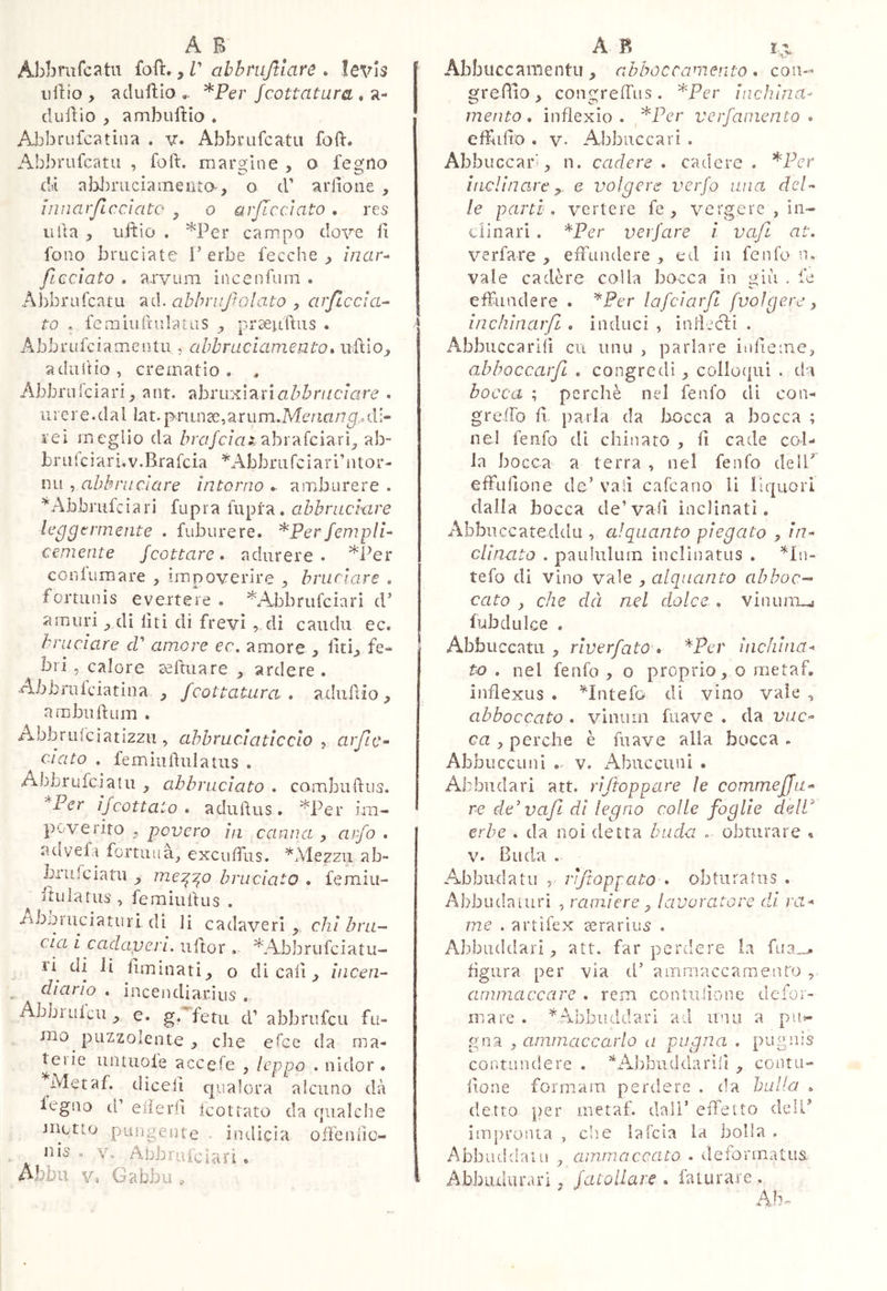 Abbmfcatii fai!:., V abhnijtiare . !evls iillio , iicluftio *Per Scottatura . a- duUio ambulilo . Abbrufcatina . v. Abbrufcatii foli. Abbrufcatii , foli, margine , o fegno citi aW}riiciamelila, o d’ arlìone , iniiarficcìato , o arficcìato . res uba , ultio . ^Per campo dove li fono bruciate P erbe fecche , ìnar- fi celato . a.rvLim incenfum . Alibrufeatu àù. ahbruf olato , arficcia- to , femiuftulauis , praeuftiis . Abbrufciameiitu , ahhraciameuto* urlilo, acluitio, crematio. , Abbrufe lari, ant. Tihi'vcK.i'hxi abbruci are . Il 1 e r e. d a l la t. p ri in se, ar u m. Me /1 a n a,, d i- reì meglio da bra/c/aiabrafeiarì^ ab- bi* ii t c i a r i. v. Bra fc ia * Abbi* li fc i a r i ’ n t or- mi , abbruciare Intorno ^ amburere . ^Abbrulciari fupra fiipta. abbruckire leggermente . fuburere. *PerSempli- cemente /comare, adurere. ^Per conlumare , impoverire , bruciars . fortunis evertere . ^Abbrufeiari cP a muri, cPi lìti di frevì ,.di candii ec. bruciare cV amore ec, amore , lìti, fe- bri , calore aeftuare , ardere . Abbnilciatina , Scottatura. » aduiìio, ambuftum . Aj-bbrufeiatizzu, abbruciaticelo -, arfLC-‘ ciato . femiuiìulatus . Abbrufeiatu , abbruciato . combiiftiis. *Per iScottato . aduftus. *Per im- poverito , povero In canna , aìSo . advela fortuna, excuffus. ^Mezzii ab- brufeiatu , me:^7^o bruciato . femiu- liulatus , femiulhis . Abbruciaturi di li cadaveri ,, c/z/Z^nz- cia i cadaveri, uftor . *Abbrufciatu- ri^ di li fìminati, o dicali. Incen- diano . incendiaxius . Abbuilcii, e. g. feti! d’ abbrufeu fu- mo puzzolente , che el'ce da ma- tei ie uiituole accefe , leppo . iildor . ^Metaf. diceli qualora alcuno dà legno id elìerfi icottato da qualche motto pjuiigenre indicia ofFenlic- nis « V. Abbrufeiari . Abbii v. Gabbi!, Abbuccamentu , abboccamento • con-’ greffio, congrelTus. *Per inchina- mento, inflexio. fPer versamento * effulio . V- Abbile cari . Abbuccari, n. cadere, cadere. *Per inclinare e volgere verSo una del- le parti , vertere fe , vergere , in- clinari . ^Per veìj’are l vafi at, verfare , effundere , ed in fenfo n, vale cadére colla bocca in giìi . fe effundere . ^Fer lafciarf [volgere, Inchinarfi , induci , inflecdi . Abbuccarili cii unii , parlare inlieme, abhoccarfc , congredi, collocjui . da bocca ; perchè nel fenfo di con- greifo li parla da bocca a bocca ; nel fenfo dì chinato , fi cade col- la bocca a terra , nel fenfo delP effiifione de’ vali cafeano li liquori dalla bocca de’vali inclinati. Abbuccateddu , alquanto piegato , In- clinato , paululum inclinatus . ^In- tefo di vino vale , alquanto abboc- cato , che dà nel dolce., vinunm^ fubdulce . Abbuccatii , rlverfato , '^Per inchina^ to . nel fenfo , o proprio, o rrietaf. inflexus . ’^Intefo di vino vale , abboccato , viniiin fiiave . da i;uc- ca , perche è fu ave alla bocca . Abbuccuni v. Abuccuuì . Abbìidari att. rìftoppare le commejja- re de'vafi di legno colle foglie delP erbe , da noi detta bada , obturare * V. Buda . Abbudatu ^ rljtoppato , obturatus . Abbudaiuri , raniìcre, lavoratore di va* me . artifex aerarium . Abbuddari, att. far perdere la fu3_> figura per via d’ a in macca me ufo , ammaccare , rem con tulio ne defor- mare . ^Abbuddari ad unti a pii^ gna , ammaccarlo a pugna , pugnìs contLindere . ’^Abbucklarilì , conni- lione formam perdere . da bulla , detto per metaf. dall’ effetto dell’ impronta , die lafcia la bolla . Abbadilaui , ammaccato . detonnatus. Abbudurari, /ato/iare . faturare . Alv