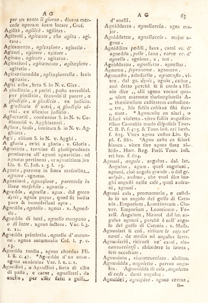 per un tanto il giorno . diurna mer- cede opera/n fuam locare , Cruf. Agilità , agilità . agilitas. Agitanti ^ agitante , che agita . agi- tans . Agitamentu , agitazione . agitatio . Agitari , agitare . agitare . Agitatu , agitato . agitatus . Agitazioni, agitamento y agitatone» agitatio . Agitazziunedda , agitaZoncella . levis agitatio . Agiti erba ,beta S. in N. v.'Gìra . A giudizziu , e pariri porto avverbial. per giudizio, fecondo il parere , a giudico , a giudicio . ex judicio. A guidizziu d' antri , a giudico al- trui , ex aìlcujus judicio . Aglaczarirt , courternor S. in N. v. Cu- rtirnarib v. Aggbiazzarl, Agiata , laufa , intritura S. in N. v» Ag- ghiaia . Agli , allium S. inN. v. Aggiri . A gloria , aviri a gloria . v. Gloria . Agnatiziii , termine di giurirprudenza pertinente all’agnati agnatitius. ad agnatos pertinens , ut agnatitiuin jus iib. 6. C, Juft. t. 5.1. I 5. Agnatu , parente in linea mafcollna^ agnato . agnatus. Agnazioni , agnasone , parentela in ' linea mafchile . agnatio . Agne dda , agnella . agna . dal greco uyvóc y agnòs purus, quod fit hortia pura Si iramolatìoni apta . Agneddu , agnello . agniis . v. Agned- . du , Agneddu di latti, agnello mongano , o di latte . agnus ladìeiis . Var. 1.3. e. II. Agneddu Y^xìmiìMìu y agnello d'autun- no . agnus autumnalis Col, l. 7. c. A-gneddu tardiu , agniis chordus Pii. P B. c, 47. ^Agneddu ci’un annu , agnus anniculus Var. I. 2. c. i. Agneilinì , o Agnullìni , fona di cibo di parta e e carne , agnellotti. da anello 9 p€f cffer fatti a guif.i^ d* anelli. Agniddazza , agnellaccla, agna ma- jor . Agniddazzu , agnellaccio . major a- gnus . Agniddina peddi , lana , carni ec. d' agneddu Apelle , lana , carnt ec* d* agnello . agninus, a , um . Agnidduzzii , agnelletto , agnellus . Agnornu , fopraiwme . agnomen . Agniicartu , arbofcello , agnocajto . vi- tex . dal gr. clyvù<;, agnòs , cartus , cos'i detto perchè fe fi crede a Pli- nio dice ,, alii agnon vocant quo-- „ niam matronte thefmophoriis A- ,, thenienfium cartitatem cuftodien- „ tes , bis foliis cubitus fibi fter- „ mint. * Agnucartu cu xiuri , o fciuri violetta . vitex follis anguftio- ribiis Cannabis modo difpofitis Tour. C. B. P. f‘475. & l'oLir. inrt. rei herb, f. 603. Vitex agnus cartus Lin. fp. pi. f. 8óo. *Agnu carta cu fciuri bianca . vitex five agnus flore al-^ Lido . Hort. Reg. Parif. Tour, inft, rei ber. f. doq. Agniini, angolo, angulus, dal. lat® Angulus , agum . quali anguluni , agniini, cioè angolo grande . o dal gr. cLVì'f>dv, andron , che vuol dire luo ghi angurti nelie cafe , quali andru- ni, agnunì. Agnuni cala , promontorio, e cartel- lo in un angolo del golfo di Cata- nia . Empori una , Leontinorum . Clu- ver. Emporium , Leontinum , Fa- zeli. Angulum , Maiirol dal lat. an- gulus agnuni , perchè è nell’ ango- lo del golfo di Catania . v. Malfa. Agniiniari li cofi, ritirare le coje ne^ canti . de medio ad ani?olos ferre. Agnuniarifi, ritirarli ne' canti, rm« cantucciarfi . abfcedcre in latera fele occultare . Agnuniatu , tincantucciato . abditus. Agnunidda , angoletto . parvus angu- lus . Agnunidda di cafa yangoletto di cafa . dorai angulus . Agnufdclj agnufdeo , agnus cereus