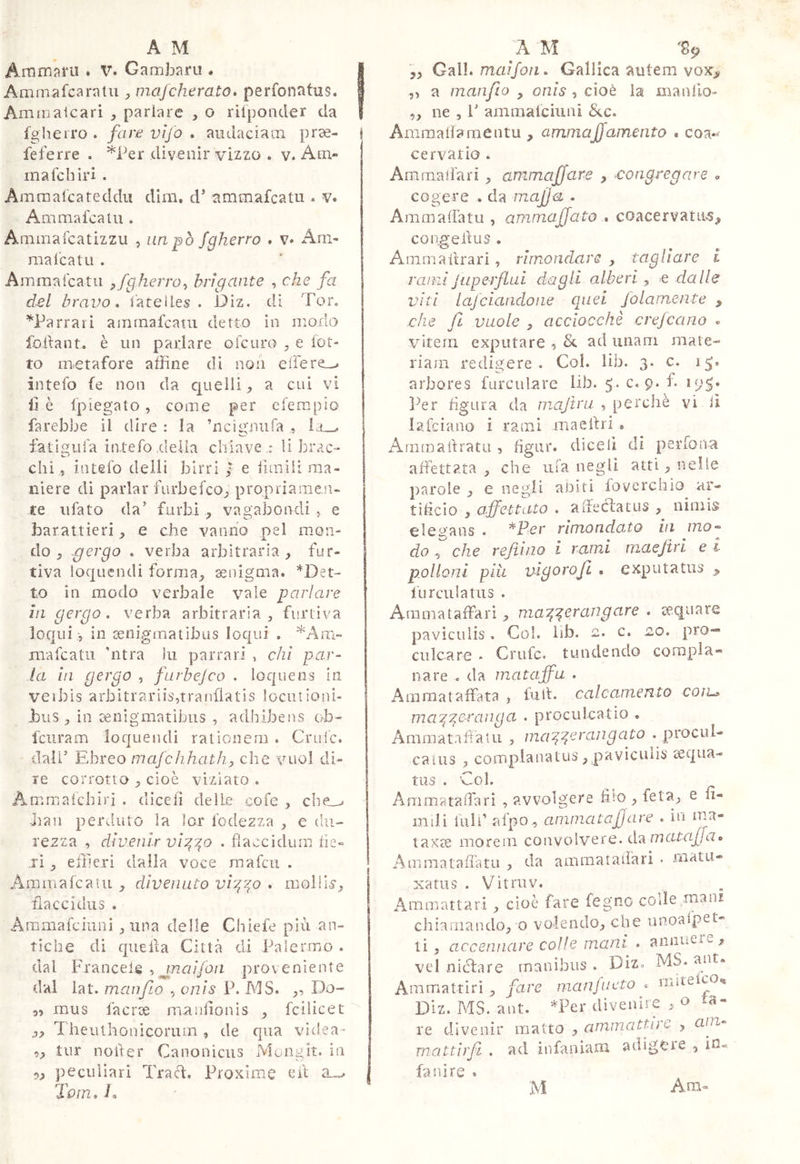 Ammara ♦ V. Gambani ♦ Ammafcaratii majcherato* perfonatus. Anunalcari , parlare , o rilponcler da fgherro. fans vìfo , audaciam prae- feferre . *Per divenir vizzo . v. Am- ili afeli ir i . Amraalcateddiì dim. d’ ammafeatu * v. Ammafcalu . Animafcatizzu , zmpò Sgherro . v. Am- mafeatu . Ammafeatu ^fgherro^ brigante , che fa del bravo* i’ateiles . Óiz. di Ter. ^Parrari ammafeatu detto in modo Ibifant. è un parlare ofciiro , e fot- te imetafore affine di non effere,^ intefo fe non da quelli, a cui vi li è fpiegato, come per efempìo farebbe il dire : la ’ncigniifa , Ìa_^ fatigiifa iatefo della chiave : li brac- chi, intefo delli birri / e hmili ma- niere di parlar furbefeo, propriamen- te tifato da’ furbi , vagabondi ^ e barattieri ^ e che vanno pel mon- do , gergo . verba arbitraria, fur- tiva loquendi forma, xiiigma. *Det- to in modo verbale vale parlare in gergo, verba arbitraria, furtiva loqiii-, in tenigmatibus loqui , ^''Am- mafeatu hi tra ìli parrari , chi par- la In gergo , furbejco . loquens in veibis arbitrariis,tranfiatis locutioni- bus , in cenigmatìbiis , adliibesis ob- fciiram loquendi rationem . Crufe. dall’ Ebreo majchhathy che vuol di- re corrotto , cioè viziato . Ammaichìrì . dicefi delle cofe , che_j -hall perduto la lor fodezza , e du- rezza , divenir vi:^^o . flaccidum fie- ri , effieri dalla voce mafcii . A.m Ili afe a tu , divenuto vi'^^o . moliis”, flaccidus . Ammafeiuni, una delle Chiefe più an- tiche di quella Città di Palermo . dal Francele ^jnaijon proveniente dal lat. man fio , onls P. hlS. ,, Do- 3, inus facrx manilonis , fcilicet 3, h iieulhonìcorum , de qua videa- 3, tur nofter Canonicus Mongit. in 5, peculiari Tra eh. Proxime eft A Gali, maifoìi. Gallica autem vox> 5, a man fio , onis, cioè la manflo- „ ne , 1’ ammafeiuni &.c. Ammalf?mentii , ammajfamento , eoa-' cervario » Am ma da ri , ammaffare , congregare » cogere . da majja . Ammaffatu , ammajjato . coacervatits^ congellus . Ammailrari, rimondare , tagliare i ramiJiiperfLai dagli alberi, e dalle viti lajciandone quei folamente , che fi vuole , acciocché crefeano « vitem exputare , & ad unam mate- riam redigere . Col. lib. 3. c. 15'. arbores furculare lib. c. 9. f. 195. Per figura da mafiua , perchè vi fi lafciano i rami maeilri . Arnraailratu , figur. diceli di perfona affettata, che iiia negli atti, nelle parole , e negli anici foverchio ar- tificio , affettato , affeCLacus , iiiniis eleuans . ^Per rimondaJo in mo-^ do r che refitìno i rami maejiri e i polloni più vlgoroji . exputatus > lurculatus . Aramataffari, ma7,^erangare . sequare paviculis. Col. iib. 2. c. 20. pro- culcare ‘ Crufe. tundendo compla- nare . da mataffu . Amraataffata , hilt. calcamento coìl> ma'^^eranga . proculcatio . Ammataffaiu , ma^^erangato . procul- ca lus , complanatus, pavicruis sequa- tus . Col. Ammatalfarì , avvolgere filo , feta, e n- inili filli’ afpo., anvnatafjare . in ma« taxee morem convolvere, da mrctriy/tT. Ammataflàtu , da ammatalfari • matu- xatus . Vii rii V. Aramattari, cioè fare fegne colle manr chiamando, o volendo, che unoafpet- ti, accennare colle mani . annuere, vel niclare manibus . Diz, MS. ant» Ammattiri ^ fare manfneto <. miteico^ Diz. MS. ant. *Per divenire , o ta- re divenir matto y ammattii e > ciin« mattlrfi . ad infaniaru adigere , in« fa ni re .