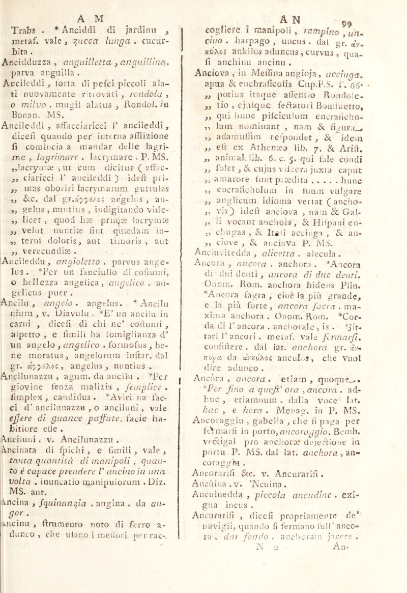 Trabs . * Anciddi di Jardìnii ^ metaf. vale , ^ucca lunga . cucur- bita . Ancidduzza , angullhtta ^ anguììlìna. parva anguilla . Accileddi torta di pefci piccoli ala- ti nuovamente ritiovarij, rondola ^ o mllvo , mugil alaius Rondol. in Bonan. fvlS. Ancileddi , affacciariccì 1’ ancileddì, dicefì cjiiando per interna afflizione fi comincia a mandar dedle lauri- me , lag ri mare . lacrymare . P. MS. ,,l^JcrymKi , ut cum dicitur ( afflic- ciaricci V anciieddì ) idciì: pii- .. mas oboriri lacrvmarum uullulas 5, 8<c. dal angelcs ^ an- 5^ geliis , nuntius ^ indigitando vide- licet , quod hae prii^x lacrymae veiut nuntiae fi ut quaedaut in- „ terni dolorisaiit timoris , aut . yy verecundice . •Ancileddu, angioletto . parvus ange- lus. . *Per un fanciullo di cofiumi, o bellezza angelica, angLlìco , an- gt'lictis puer . Ancilu , angelo, angelus. ^ Ancilu iiiuni ^ V. Diavulu , *£’ un anciiii in carni , dicefi di chi ne’ codumi , a (petto , e limili ha fomigiianza d’ un angelo , angelico . formofus , be- ne moratus^ angelorum inltar. dal gr. ceyy-'Xoc, angelus nuntius . Anciliinazzu , agura. da anciìu . ^^Per j giovine fenza malizia , Jernplicc . . lintplex , candidus. Aviri na fac- ci d’ ancilunazzu , o anciluni , vale effere di guance paffute, facie ha- Joitiore elle . Anciiiini. v. Ancllunazzii , .Uncinata di fpichi , e limili ^ vale tanta quantità di manipoli , quan- to è capace prendere /’ uncino in una volta . iiiLincatio manipulorum . Diz. MS. ant. incina , Jqiiinan^ia . angina . da aii- gor. rncinu , fìmmento noto di ferro a- dunco ? che ulano i meflorì perrac-. cogliere i manìpoli, rampino , uiu ciao. Iiarpago, uncus, dal gr. A* ankilos aduncus , curvus , qua- ix anchinu ancinu . Anciova , in Mefflna angioja, accingao apua & enchralicolìs Cup.P.S. i\ 66* y) potius itaque alTerUio Piondole- yy lio , ejuique feRatoii Bomluerto, yy qui lume pìkiciiiuin encraficho- „ lum nominant , nam ligiu\L_. 5;, adamiifflim reTondet ^ & ^idem yy eli ex Athenceo lih. 7. Su Arilh animalJih. 6. c. 5. qui fale condì yj lolet &. cujus vifeera juxia caput yy amarore luntpiccdita ..... Itunc ,, encralicholum in luiun vufflare angheuin idioma vertat ( ancho-* vis^ idelf anciova nam Se Gah li vocant anciìois , Se Hifpani en- cluìgas , S< Itali acciuga , S< an- ciove , <S^ anciova P. MS. AnciUvitedda , cdicetta . alecula . -A.nco ra , an-cora . a neh ora . *An corti di dui ilenti , ancora di due denti. Oiìom. Rom. anchora bidefis Pìin. ^A^ucora fagra , cioè la più grande, e la più forte y ancora /ocra . ma- xima anchora . Onom. Rom. ^Cor- da (li 1’ ancora . anchorale , is . Tit-» tari r ancori . ni ciaf, vale firmarjl. coiifiitere . dal iat. anchora nr. V. • y.vurx da AavAo? anculos, che vuol dire adunco . Ancora , ancora, etiam, quoque_>* ^■Per fino a qiicjt' ora ^ ancora . ad- huc , etiamnum , dalla voce Iat. hac , e hora . Menag. in P. MS. Ancoì aggiu , gabella , che li paga per leYrnaiiì in portOy ancoraggio. Bejiib. vrcligaì jiro ancliorce dejeeiione in ponu P. MS. dal Iat. anchora coraggm . Ancorarjiì Sic. v. Ancurarlli . Ancùiira . v. ’Ncuina . /ìncuinedda , piccola anciidine . exi- g^’ia incus . Ancurarifì , dicefì propriamente de* navigli, quando fi fermano luH’ anco» ra , dai fondo . anchioraio ja erre .