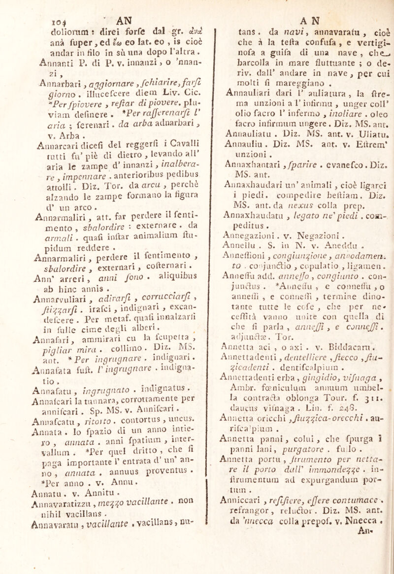 cloliomm ! direi forfè dal gr, dvcc anà fuper, ed eco eo lat. eo , is cioè andar in filo In sii una dopo Taltra . Annanti P. di P, v. innanzi 3 o ^nnan- zi , Annarbari j, aggiornare ,/chiarirejfarfl giorno . illiicefcere dieni Liv. Cic. ^Fer/piovere , rejtar di piovere, piu- vìam definere . *Per rajjerenarfi L aria ; fere nari. da arò a adnarbari ^ | V. Arba . | Annarcari dìcefi del reggerli i Cavalli nitti fu’piè di dietro , levando all’ aria le zampe d’innanzi ^ Inalbera^ | ve y impennare . anterioribus pedibus I attolli . Diz. Tor. da arcu , perche j alzando le zampe formano la figura | d’ un arco. . . 1 Annarmaliri, att. far perdere II fenti- j mento , sbalordire • externa re . da | armali • quafì inlìar animalium ifii* 1 pidum reddere . ^ [ Annarmaliri, perdere il fentimento , j sbalordire y externari , cofternari . j Ann’ arrerì , anni Jono • aliquibus | ab bine annìs . •ri Annarvuliari y adlrarft > covriicciar/l , j /tl-^^arfi . irafei , indignar! y excan- | clefcere • l^er metaf. quali innalzai li | in filile cime degli alberi. ^ | Annafari^ ammirari cu la fcupelta , j pigliar mira » collimo • Diz# l'vlS. | ant. * Per ingriignare . indignali# | Annafata full* /’ ingrugnare # indigna- j tio . ^ . I Annafatu ingrugnato # indignatus , j Annalcari la tunnara, corrottamente pei j annifeari . Sp. MS. v# Aunifcaii # | Aiinafcatu , ritolto # contortus y uncus. | Annata . lo fpazio di un ^anno intie- | ro , annata . anni fpatium , inter- j valium # *Per quel dritto , che li | paga importante r entrata d un an- ! no , annata . annuus proventus . | ’^Pcr anno . v* Annu# Annatu . v. Annitii # Annavaratizzu , me:^^o vacillante . non nihil vacillans . Annavaratii 5 vacillante » vacillans, nu- i tans # da navi y annavaratu , cioè che à la teda confufa , e vertigi- nofa a giiIfa di una nave , che^ barcolla in mare fluttuante ; o de* rìv# dall’ andare in nave y per cui molti fi mareggiano , Annatillari dari l’ auliatura , la fire- ma unzioni a l’ infirmu , unger coll’ olio facro l’ infermo , inoliare # oleo facro infirmum ungere . Diz. MS# ant. Annauliatii # Diz. MS. ant# v# Uliatu» Annauliu . Diz# MS. ant. v. Etlrem’ unzioni . Annaxhantari y fparire . evanefeo. Diz« MS. ant. Aiinaxhaudari un’ animali , cioè Vigerci i piedi, compedire belliam. Diz. AIS. ant. da nexus colla prep, Annaxhaudatu y legato ne^piedi . coiii- peditus . Annegazìoni . v. Negazioni . Annellu . S. in N. v. Aneddu . Annellioni , congiunzione y annodamen. to . coi’junclio , ctipulatio ^ ligamen. Anneffu add. anne/fo , congiunto . con- junctus . *AnneiTu , e connellìi 0 annedi , e conuedì , termine dino- tante tutte le cofe , che per ne* ceffità vanno unire con quella di che fi parla, antiejjì y e connejjì. adjiiiicìte. l’or. Annetta aci , o axi . v. Biddacaru. Annettadenti, dentei li e re ,/lecco y/tu^ Zlcadentl . dentifcalpiiiin . A nnettadenti erba , gliigldioy vl/naga , A.mbr. foeniciilum aniiuum umbel- la contrada oblonga Tour. f. 311. da LI CHS vil'naga . Li 11. f. 24 8. A nnetta oricclii yftuzzlca-orecchi . au- rifca’pium . Annetta panni ^ colui , che fpurga ì panni lani, purgatore . fu.lo . Annetta portu , Jtruniento per nettai re il porto dalV immondezza • lirumentura ad expurgandum pov- liun . Anniccari , refi/tercy ejjere contumace • refrangor, relucloi . Diz. MS. ant. da 'nnecca colla prepoL v. Nnecca « I