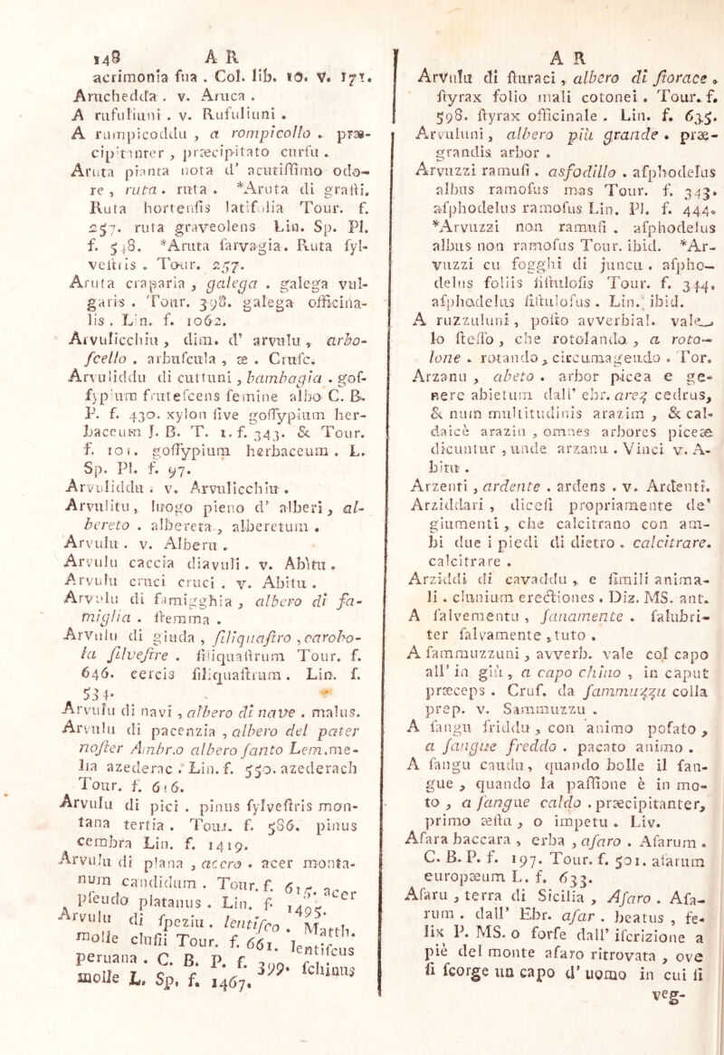 acrimonia fiia . Col. lib. V. 17T. Aruchedcfa . v. Artica . A ni fu liti ni . v. Rufuli uni , A rumpicoddii , a rompicollo . pFse- cip’tinter , pr^cipilato curfa . Ai'uta pianta nota d’ aciitiffìmo odo- re , ruta. ruta. *Aruta dì gradi. Ruta hortenfis latifulia Tour. f. ruta graveolens Lìn. Sp. PI, f. 5 .8, *Aruta farvagia. Ruta fyl- veli:»is » Tmir. p.^7. Arura era paria , galepa . galega vul- garis . 'foiir. 398. galega oitìcina- lis . L*n. f. 1062. ' Arvuficchiu, diai. d’ arvulii, arho^ fcello , arbnfciila , 130 . Criifc. Arvuliddii di cuttunì ^ bambagia . gof- fjpi iim friitefcens femine albo C. B. P. f. 430. xylon live gofTypìum her- baceum J. B. T. i.f. 343. & Tour, f. loi. godypluiTi herbaceum. L. Sp. PI. f. 197. Arvuliddti . v, Arvniicchlu-. Arviiiitii, luogo pieno d’ alberi, al- bereto . albereta albercnun • Arvulii . V. Albera , Arvulu caccia cliaviili. v. Abìtii » Arvidii cruci cruci . v. Abitii . Arvulu di famigghia y albero di fa- truglia . Ifemma . Arvulii di gmà-à ^ filiqnaftro ^carabo- la filvefire . lìlicpiadruni Tour. f. 640. eercis filiquallium. Lin. f. 58 4- Arvulu di navi , albero di nave . maliis. Arvulu di pacenzia , albero del pater nofier Amhr.o albero fanto Lem.me- Ila a z e de rn c L ì n. f. 5 30 . a z e d e ra c h Tour. f. 6ì6. Arvulu di pici . pìiiiis fylvefìrls mon- tana tertia . Toni. f. 586. pinus cemora Lin. f. 1419. Arvulu di plana , acero . acer monta- candidum . Tour, f, 617. pie lido platanus . Lin. f- ,^ - rvuIII (li fpeziii. lentifeo 'o’ie cinfii Tour. f. 66,. 'uJ et peruana . C. B. P. f. .00 r. • molle h. Sp. f. ,467. ^ ArVufa di fiuraci, albero dì /torace » ftyrax folio mali cotonei . Touivf. 1 598. dyrax ofFicinale . Lin. f, 63.^. IAlrviiluni, albero più grande, prae- grandis arbor , Axrvnzzi raniufi . asfodillo . afphodelLis albns ramofus mas Tour. f. 343. a-fphodelus ramofus Lin. PI. f. 444<, ^Arviizzi non ramud . afphodelus albus non ramofus Tour. ibid. ^Ar- viizzi cu foggili di junciL . af])ho- delns foliis iifmlolis Tour. f. 344, afpliadeliis filìulofus . Lin.' ibid. I A ruzZLiìuni, poito avverbial. vale_» lo ftCiib, che rotolando j, a roto-- Ione . rotando circumagendo , Tor, Arzaniì , abeto . arbor picea e ge» nere abietum dalf ebr. cedrus, & niun multitudinis arazim , «Se cab daìcè arazin ^ omnes arbores pice^ dicuntur , unde arzanu . Vinci v. A- bitu . Arzenti , ardente . ardens . v. Ardenti. Arziddari , dicell propriamente de* giumenti, che calcitrano con am- bì due i piedi dì dietro . calcitrare. calcitrare . Arziddi di cavaddii e limili anima- li . clunium ereéfiones . Dìz. MS. ant. A falveraentu , J'anamente . faliibri- ter fulvamente >tuto . A famrauzzuni, avverb. vale col capo all’in giù, a capo chino , in caput praeceps . Cruf. da fammii’4.^u colla prep. v. Sammuzzu . A fangu friddii,con animo pofato , a /angue freddo . pacato animo . A fangu candii, quando bolle il fan- giie , quando la pafHone è in mo- to , a fùngile caldo .praecipitanter, primo teda , o impeti! . Liv. Afara baccara , erba , afaro . Afarum . C. B. P. f. 197. Tour. f. 5^)1* aiarum europceum L. f, 633. Afarii , terra di Sicilia , Afaro . Afa- rum , dall Ebr. afar . bcatiis , fe- lix P, MS. o forfè dall’ ifcrizlone a pie del monte afaro ritrovata , ove fi feorge ua capo cP uomo in cui li veg-