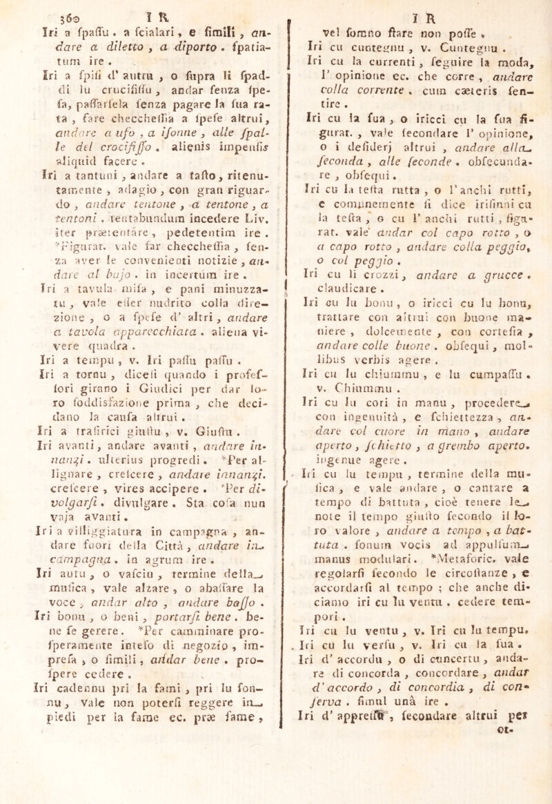 Ift a fpafTu . a fcìalari » e fimili , an^ dare a diletto , a diporto • fpatia- tiim ire . Irì a fpiii <r aiitru , o fupra li fpad- di ÌLI criìcifiìfu , andar fenza ipe- fa, padTarlela lenza pagare la Ina ra- ta , fare checcheìfia a l'pefe altrui, andare a ufo , a iforine , alle {pal- le dtl crocifijfo • alienis 'filiquid fa cere e Iri a tantuni , andare a tallo, ritenu- tamente , adagio , con gran riguar- do , andare tentone , a tentone, a tentoni . teittabundum incedere Liv, iter praeieutare, pedetentim ire. jgurar. vaie far checcheffia , feti- za aver le convenieoti notizie , dare al bujo . in incertum ire . fri a tavuia mila , e pani minuzza- tu, vale eiler nudrìto colla dire- zione , o a ì'pefe <V altri, andare a tavola apparecchiata . aliena vi» vere tpuadra . Iri a tempu , v. Iri paffu palTu . iri a tornii , dice lì (|uamlo i profef- lori girano i Gìiulici per dar lo- ro foddisfazione prima , che deci- dano la caiifa altrui . Iri a traiìrici ginllu , v, GuiOu . Iri avanti, andare avanti, andare in- nanjf , ulterius progredi. Per al- lignare , crelcere , andare innari:^!, creicel e , vires accipere . 'Per di- volcjarfi. divulgare, Sta cofa min vaia avanti • Iri a vilIiggiatLira in campagna , an- dare fuori de ila Città , andare uu» campagna* in agrimi ire. Iri autu , o vafciu , termine della.^ iniidca , vale alzare , o abalfare la voce ;; andar alto , andare baffo * Iri bona , o beni , portarfi bene . be- ne fe gerere. ^'Per camminare pro- Iperamente intefo di negozio , im- prefa > o iìmili, aridar bene . pro- fpere cedere . iri cadenou pri la fami , pri lu fon- nu, Vale non poterli reggere in_^ piedi per la fame ec. pr;^ fame , vel fomno flare non polle . Iri cu cuntegim , v. Cuntegnu . Iri cu la currenti, feguire la moda, r opinione ec. che corre , andare colla corrente . ciim cseteris fen- tire . Iri cu la fua , o iricci cu la fua fi- gurat. , vale fecondare V opinione, o i dellderj altrui , andare allci^ feconda , alle feconde . obfecunda- re , obfequi * Iri cu la teda rutta, o P anelli rutti, e conumernente il dice ìrìfinni cu la teda f o cu i’ anchl rutti , figa- rat. vale* aridar col capo rotto , o a capo rotto , andare colla poggio^ o col peggio . Iri cu li crozzi, andare a grucce • I claudicare . Iri cu Ili boini , o iriccì cu lu bonu, trattare con altrui coir buone ma- niere , dolcetnecte , con corteTia , andare colle buone, obfequi, mol- libus verbis a^ere , fri cu lu chiurnmu , e lu cumpafTu « V. Chinmmu . Iri cu Jii cori in manu , procedere^ con inoeiuiità , e fciiìeitezza , an* dare col cuore in mano , andare aperto j /chiatto 3 a grembo aperto* ingenue agere. . Iri cu lu tempii , termine della mu» ^ lìca , e vaie andare , o cantare a tempo di battuta , cioè tenere note il tempo giudo feconiio il lo- ro valore , andare a tempo , a bat^ tuta . fonum vocia ad appulfum-.! manus moilulari. ^Metaforic. vale regolarli fecondo le circodanze > € accordarfi al tempo ; che anche di- ciamo iri cu lu ventu . cedere tem- pori . Iri cu lu ventu, v. tri cu lu tempu. , Iri cu fu verdi , v. Iri cu la Ina . Iri d accordìi , o di caincertu , anda- re di concorda , concordare , andar d'accordo , di concordia , di con* ferva , dmul una ire . Iri d’ apprelfli, fecondare altrui per ot-