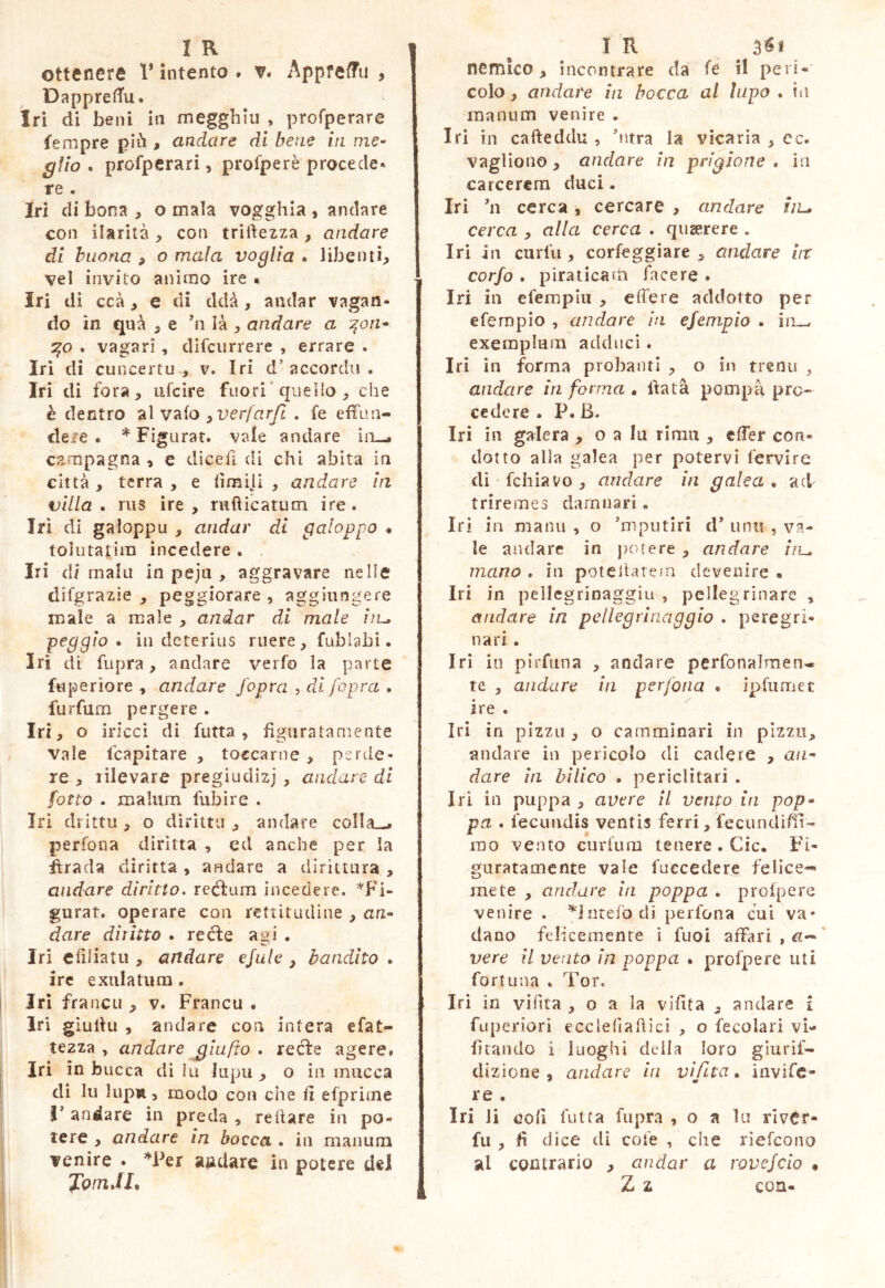 ottenere V intento * v« AppfefTu > DapprefTu. Irì di beni in megghiu , profperare fempre più > andare di bene in me- gìlo . profperari, profperè procede» re . Iri di bona , o mala vogghia , andare con ilarità , con triftezza, andare di buona , o mala voglia . libenti, vel invito animo ire • Iri di ccà, e di ddà , andar vagan- do in qua , e n là , andare a go . vagari, difciirrere , errare . Iri di cuncertu-, v. Iri d’accordìi . Iri di fora, ufcire fuori* quello , che è dentro al vaio ^verfarfl . fe effun- deie . * Figurat, vale andare ìii-^ campagna , e dicefi di chi abita in città, terra , e iìmìji , andare la villa, rus ire, rwfììcatum ire. Irì di galoppLi , andar di galoppo « tolutatim incedere . , Iri di malti in peju , aggravare nelle disgrazie peggiorare , aggiungere male a male , andar di male ìiu, peggio, in deterius mere, fublabì. Iri di fupra, andare verfo la parte fu per io re , andare /opra , di {opra , furfum pergere . Iri, o iricci di futta , figiiratamente vale fcapitare , toccarne , perde- re , rilevare pregiudizj , andare di fono . malum fubire . Iri drittu , o diritti! , andare colla.-, perfona diritta , ed anche per ìa tìrada diritta , andare a dirittura , andare diritto, reétum incedere. *Fi- gurat. operare con rettitudine , an- dare diritto . reéfe agi . Iri ciìliatu , andare ej'ule , bandito . ire exiilatura. Iri francLi, v. Franca • Irì giuda , andare con intera efat- tezza , andare giu fio . reéle agere. Irì in bucca dì lu lupa , o in mucca di III lupu, modo con che iì efprime V animare in preda , reiiare in po- tere , andare in bocca . in manum venire . *Fer andare in potere del nemico, incontrare da fe il peri- colo, andare in bocca al lupo . iii raanum venire . Iri in cafteddu , hura la vicaria , cc. vagliono, andare in prigione, in carcerem duci. Iri hi cerca, cercare , andare i/l. cerca , alla cerca . quserere . Iri in curfu , corfeggiare , andare lir corfo . piraticam facere • Iri in efempiii , effere addotto per efempio , andare iti ejempio . iii*w exemplum adduci. Irì in forma probanti , o in trenu andare in forma • data pompa pro- cedere . P. B. Iri in galera , o a lu rima , effer con- dotto alla galea per potervi fervire di fchiavo , andare in galea, ad triremes damnari • Iri in manu , o 'mputiri d’ unu , va- le andare in j)c)tere, andare i?i^ mano . in potedate/n devenire • Iri in pellegrinaggiu , pellegrinare , andare in pellegrinaggio . peregri- nari . Iri io pirfuna , anclare perfonalmeri- te , andare in perfona , iphimet ire . Iri in pIzzLi, o camminari in pizzo, anclare in pericolo di cadere , an- dare in bilico . periclitari . Iri in puppa , avere il vento in pop- pa . fecundis ventis ferri, fecundifli- mo vento curium tenere . Cic. Fi- guratamente vale fuccedere felice- mete , andare in poppa . profpere venire • ^inrefbdi perfona cui va- dano felicemente ì fuoi afhirì,£i-' vere il vetito in poppa , profpere uti fortuna . Tor. Iri in viiìta , o a la vifìta , andare i fuperiori ecclefiadìcì , o fecolari vi- dtando i luoghi deila loro glurif- dizione , andare in vifita. ìnvife- re . Iri li coll fotta fupra , o a lu rlvCr- fu , d d ice dì cofe , che rìefeono al contrario , andar a rovejcio •