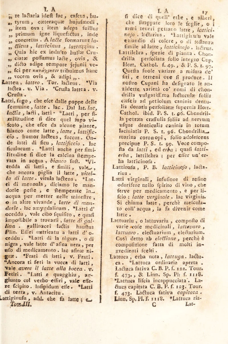 J, te la&aria idelt lac , cafcus , bu- fi, tyrum , ere ter aquae hnjufmodi , „ itera eva ; item adeps fuillus „ primum igne liquefactus, inde , concretus . A la&e formarunt la- 9, 6ticns , lattici nus , lattatimi » „ Quia hic ex indulto halite Crii- „ ciatse poflumus Jade, ovis , & „ dido adipe tempore jejunii ve- 7> fei per xctrdxpfiorv tribuimus liane „ vocera ovis, & adipi ,,. Lattea, latteo . Tor. lacteus . *Via laelea . v. Via . 'Cruda lattea . v. Cruda Latti, fugo , che efee dalle poppe delle femmine , latte . lac . Dal ht. lac, latfis , la di, lattis *La4ti, per fi- jmilitudme fi dice quel frigo ve- icolo, che efee da alcune piante, bianco come latte , latte , lattific- ciò • humor lacteus , fucetis . On- de -latti di fìcu , lattificcio . lac fiati ne um . *Tatd anche per fimi- Jitndine fi dice la calcina fiempe- a*ata in acqua , bianco Tufi. *Vi- tedda di latti, e fimili , vale^, che ancora piglia il latte , vitel- la di latte » vitula laftens . ^Lat- ti di mennula , diciamo le man- dorle pelle , e stemperate in^ ^acqua per metter celle minefire , o in altre vivande , latte di man- dorle . lac amygdalinum . *Latti ds oceddu , vale cibo fquifito , e quali imponìbile a trovarli , latte di gal- lina » gallinacei lactis haulhis Pìin. Efiiri nutricatu a latti d’ o- ceddu* *Latti di la nìgura , odi nigra , vale latte d* alma nera , per tifo di medicamento • lac afinte ni- grae . *Frati di latti, v, Frati* ^Ancora ti feti la vocca di latti, ■vale avere il latte alla bocca , v. Fetiri • * Latti e quagghiu , giunto col verbo elfi ri, vaie ede- re feipito . In dpi dura elle * *Latti di terra , v. Antacitu « Lattiginufu, acid, che fa latte ; TmJIL LA f fi dice di queir erbe , e alberi, che frappate loro le foglie, o i rami teneri gettano lattei lattici• vojo . h clarius . *Lattigh u'u vale eziandio di colere , o di lofianza firn ile al latte , latti cinojo „ lafìeus. LaliìleJbra , fpezie di pianta . Chon- drilla perfoliata folio integro Cup, llort. Cathol. f. 49., & 1\ S. t. 97. Quella Arale variare a mifura de* lìti, e terreni ove fi produce., II irafiro Ciipani ha defignato le an- zi dette varietà co* nomi di elio 11« fidila vivigatifi!ma Jadticulse foliis c'3£feis ad petiolum caninis dernu- lis donatis perfoiiatse fupernis Hdrf„ Cathol. ibi d. P. S. t. 96. Chondril- la petraea cradulis foliis ad nervmn tifque denticulis caninis in totum laciniatis P, S. t. 96. Chondrilia^. marina coronopi , folio adolefcens precipue P. S. t. 99. Voce corapo- ila da latti , ed erba ; quali latti-* erba , lattilehra ; per effer ira’ er* ha latticinofa . Lattinoti! , P, B. latticinflfo , la eb- rius . Latti virginali, iofiifione di refine odorifere nello fpirito di vino , che ferve per medicamento > e per li- feio ; latte verginale . lac virginis® Si chiama latte , perchè melcola- lo coll’acqua, la fa divenir come latte • Lattuariii , o lattuvarm , compodo di varie cole medicinali, lattevaro , lattnaro . eleétuarium , eledarium» Così detto ab elezione , perchè è compendone fatta di moki in- gredienti feelti » Lattuca, erba nota, lattuga. lactu- ca . *Lattuca ordinaria aperta « Caduca fativa C. B. P. f, 122. Tour® f. 473., 8l Lino. Sp. Pi: fi iu8# *Lartuca lifeia incappucciata» La- duca capitata C. B. P. f. 123. Tour, f. 473. Làéluca fativa capitata « Lino, Sp, Pi, f. 1118» ^Lattuca riz- G Lat-