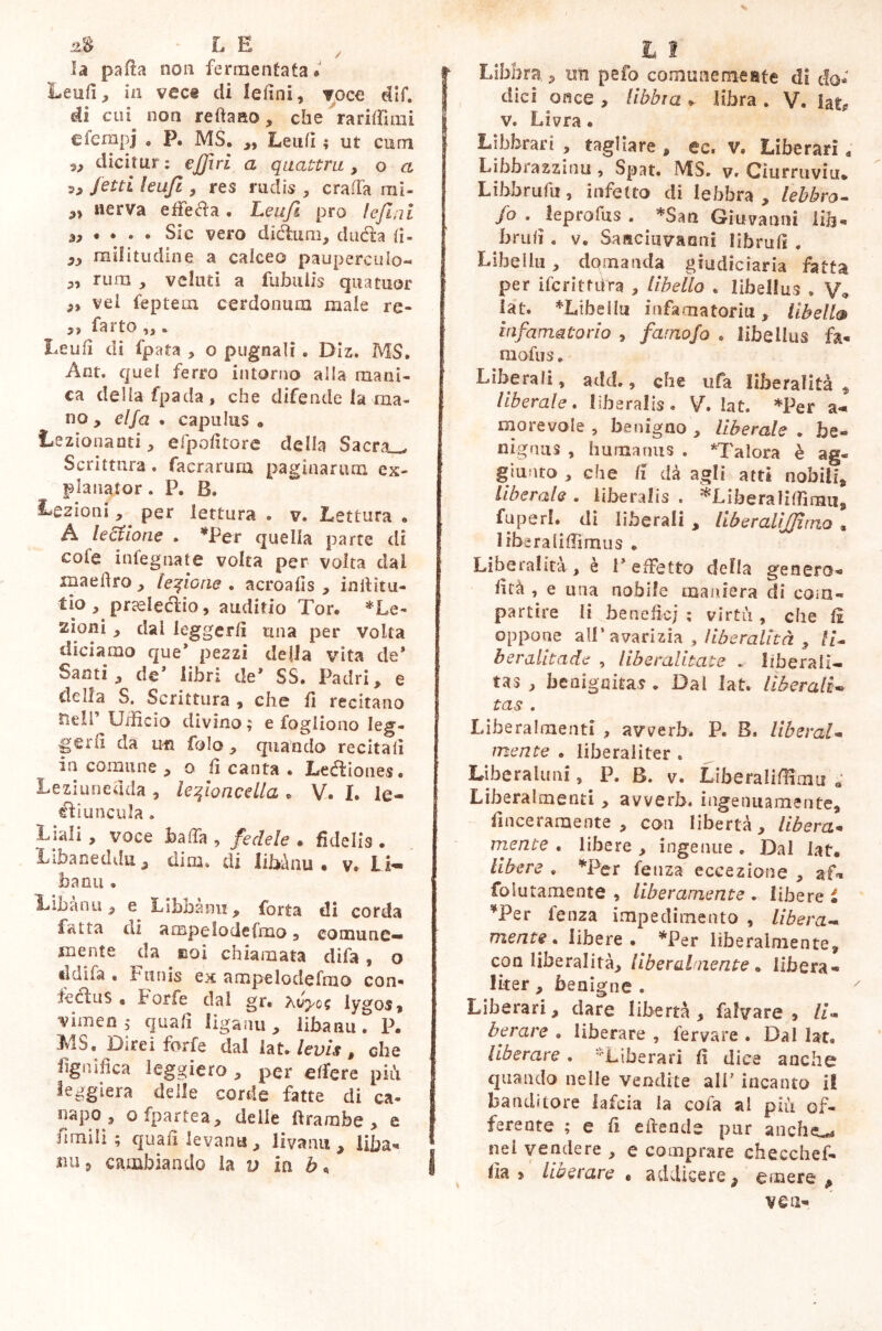 la pafia non fermentata# Leufi, in vece di leiini, voce dif. ài cui non reftano, che Tariffimi efempj e P. MS. „ Lenii ; ut curn dicitur: ejfiri a quattru , o a Jetti leufi , res rudis , craffa mi- *> nerva effe&a . Leufi prò le fini • • . • Sic vero didhim, duéfo fi- S9 mi! i tu din e a caiceo pauperculo- rum , velati a fubulis quatuor ve! feptem cerdonum male re- 9 f fa ito ,, s Leufi di fpata , o pugnali. Diz. MS. Ànt. quel ferro intorno alla mani- ca della fpada, che difende la ma- no , elfa . capulus . Lezionanti, efpofitore della Sacrai Scrittura . facrarum paginarum ex- planator . P. B. Lezioni, per lettura . v. Lettura • À lectione . *Per quella parte di cole infegnate volta per volta dai snaelìro, legione . acroalls , inilìtu- tio , praeledlio, auditio Tor. *Le- 2ìoni , dai leggerli una per volta diciamo que’ pezzi della vita de* Santi 3 de’ libri de’ SS. Padri, e della S. Scrittura , che fi recitano nell Ufficio divino; e fogliono leg- geri! da ma fole, quando recitali in comune , o fi canta . Leéliones. Leziuneuda , lefioncella . V. I. le- éliuncula » Ljali , voce bada , fedele . fidelis . Libaneddu, dim. di IiMnu . v. li- bami » Lioanu» e Libbanu, forta di corda fatta di ampelodefmo, comune-» mente da noi chiamata difa, o tldifa . Funis ex ampelodefino con- fecius « Forfè dal gr. yvyoc lygos» vimen; quali liganu, libami. P. MS. Direi forfè dal iat. levis, che lignifica leggiero , per effere più leggiera delle corde fatte di ca- napo, ofpartea, delle ftrambe , e fimili ; quali levanti, livami, liba* mi j cambiando la v in b * Libbra , un pefo comune meate di do- dici once , libbra » libra . V. lat* v. Livra. Libbrari , tagliare » ec. v. Liberari , Libbrazzinu , Spat. MS. v. Ciurruviu. Libbrufu, infetto di lebbra, lebbra- fo . leprofus . *San Giu vanni lift* bruii . v. SaRciuvaoni librali . Libellu, domanda giudiciaria fatta per iteri mira , libello . libellus . y* lat. *LifoeiIu infamatoria, libello infamatorio , famofo . libellus fa- rnofus. Liberali, add., che tifa liberalità , liberale. liberalis. V. lat. *Per a- morevole , benigno , liberale . be- nignus , humanus . *Talora è ag- giunto , che fi dà agli atti nobili» liberale . liberalis . *Liberaliffimu8 fu peri, di liberali , liberalijjìmo » liberaliffimiis . Liberalità, è l’effetto della genero- htà , e una nobile maniera di com- partire li benefio; ? virtù , che fi oppone all'avarizia , liberalità , li- ber alita de , liber alitate . liberali- tà , benignitas . Dal lat. liberali tas . Liberalmenti , avverb. P. 8. liberal- mente . liberaliter « Libera limi, P. B. v. LiberaiifìTmu a Liberalmenti, avverb. ingenuamente, fmeeramente , con libertà. Ubera* mente . libere , ingenue . Dal lat. libere . *Per feuza eccezione , a-f* folutamente , Uberamente . libere i ¥Per lenza impedimento , libera- mente * libere . *Per liberalmente» con liberalità. Uberai nente . libera - lìter, benigne . Liberari, dare libertà, falvare » //« berare . liberare , fervare . Dal lat. liberare . ‘Liberari fi dice anche quando nelle vendite ali’ incanto i! banditore iafeia la cola al più of- ferente ; e fi e itemi e pur anelli nel vendere , e comprare checchef- fia > liberare * addicere s emere , ve u-