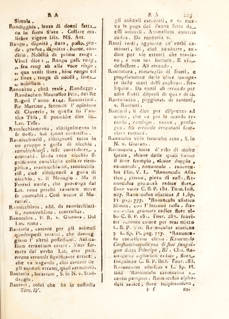 Simula . Randii'ghia * lenza di doaqi fatta^ cu lu ferru fitatu . Collare mu- liclirc vigens Diz* IVIS. Ant» Rangu, dignità , dato, gra- do . gradws ♦ dignitas , |ioiìor;i con- ditio . Nobiltà di piimu rangu . Vinci dice: „ Rangu gali, rang , ,, feu raig ab alia voce ringo , ,, qua venie linea , hinc rangu eil: ,, linea , rangu di nòbili , linea—» ,, nobilium . Rannazzu , città reale , Randa^^o . Randaciuni Maurolico Prlv, del Re Rogeri Panno Ii4?4* Pvaadatium . Re Martino , feconvio V opinioiìc di Cluverio , le queda tia Can- tica Tiifa , fi potrebbe dire Lat. TK^a. Ri n nicchia tue ntu , ridrignimento ia fe defìfo. Sui Ì5)liUS coniraCÌio . Rannicchsarifi ^ ridrigrierll tntio^ in iip gruppo a guifa di nicchio 9 rannlcchiarft , lefe coniralitrt^ , eoQtiahi. U^da voce nicchio d* gnitìcante conchii^iia collare ricfii- piiiva 9 r^saunicchiarilì9 raniiicciiÌB' rid , cioè ridrignerd a guna di nicchio, V. il Menagio . Ma il Ferrari vuole , che prover»ga dal Lat. rana perchè ranarum more fe contrahit . Così anche il Mu- ratori . Ruinicchiatu , add. da rannicchiati• lì 9 rannicchìdto * cootraèìas . Ranocchia , ih B. v. Giuraua • Dal Pat. rana • Ratìtaria 9 carcere per gli animali quadrupedi errami , che danneg- giano r altrui podelhcìiii. Aoiiiia» lÌLUB errantium carcer . Voce for- mata dal verbo Lat, erro pare. errans errantis dgnidcaute errante , che va vagando , cioè carcere eie gli anìjnali erranti,quafi erranteria, Pvantaria , locanum , S. in N. v. Staci- a daggiu. j Raoterì 9 colui che ha iti cudodia Tom, IV, * *4» ^ *iJk gli anhpali carcerali, e n-c rica ® va la paga del dannQ fatto da_^ edì animali . Aniinslium carcetts cudos. Da rantaria v. Rami raiitì 9 aggiunto co'verbi minari , iri , cioè camioarc 9 an «>. dare per vie erranti che travia® no 9 e non ion barrute , E yi^t^ deflecjlere . Ab errando , Raniiatura 9 rimaluglio di frutti, ^ propria me me de de uh ve icampa* te dalle mani dclli cogfiioci . Re- liquiae . Da rantì ab ferrando per elter frutti dilpefd di qpà e di Rantutiazzu , peggiorat. di rantunj^ V. Hamiini. Ranimd , li dice per dfTprezzo a4 uomo , che va per Io mondo er* ranrlo 9 ramingo . vai^us , profu- gus . ’Ab errcuido crrantunl feor- cJàio raaiuni . Rannnchii vile larunchu rana. Sma N. V. Giurane . Rauuiicuiii 9 lolla d’ erba di molte fpezie 9 alcune delle quali Iiaono il lìnre feempìo 9 alcune doppio , ranuncolo , ranunculo . ranuncii- Uis Flim Sì, L. *RanuncuIu Afia* ticu 9 giaiuu, pintu di ru(fn,Ri^ ntinculus grumosa radice tìorc^ fiavt' vano C, B. B. 181. Tour. lolh fidj. Ranunculus afìaticus yS I .Sp. Fh pig. 777. *Raouoculii alìaticii bianca, wou l’inioriiu rufTu • Ra- nu.<cti!us giu mota radice flore al- bo C. B. 1^. iSi. roiir. 287* fuavi- ter luòente colore pzr oras rai>cio C. B. P. V ar. Ranunculus aliaticn» y L. Sp. ih. pag. 777. *RanuQC«« lu caimifcinu chmu . Ranuncolo ConftantiiiopoUtano di fior fatigui* gno detto Principe , Ré . CI sr. Ha- nuncuius aiphoJeii radice , flore«4 ianguiflco C. B. P. ibivl, Poiir, :.83, R-uiuncuius aiiaiivus « L. Sp. PI. ihìd ’^KaMunculu cannUcitiu cenili pamptiii , Ratiunculus afplio® dtìU rauice 9 flore iubphauuiceo , Jh £ f U,^