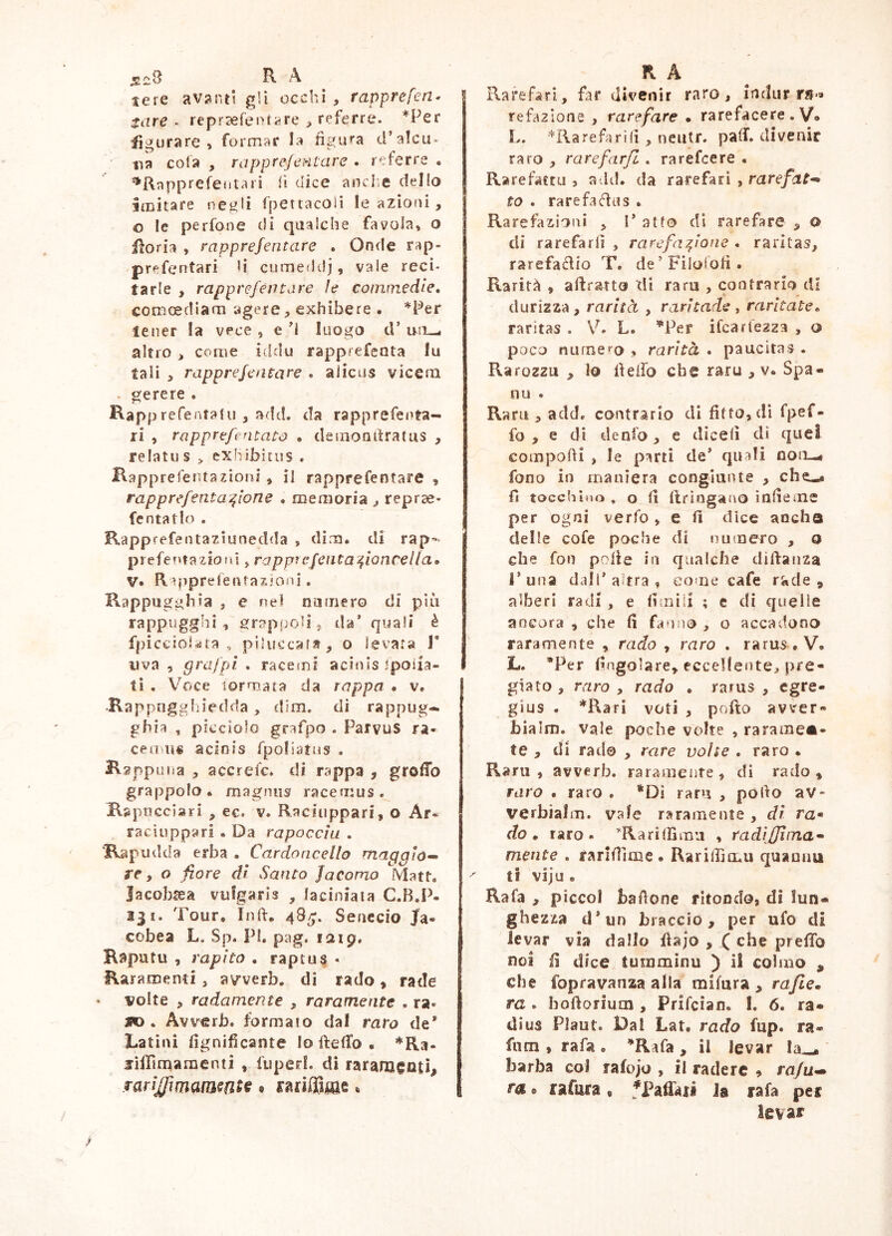 te re avant? gli occhi , rapprefen* sare « repr3erenrare , referre. *Per figurare, formar la figura d’alcu- na cola , rappre/entare . referre . ^Rnpprefeotari Ii dice ancl.e dello imitare negli fpettacoii le azioni, o le perfone di qualche favola, o iloria , rappreferitare . Onde rap- prefentari d cumeddj, vaie reci- tarle , rappreféntare ìe commedie, comoediam agere, exhibere . *Per tener la vece , e luogo d’ un—• altro > come iddi» rapprefenta lu tali , rapprejeatare , alicus vicem . gerere . Rapprefentalu , add. da rapprefenta- ri , rappreftntato . demon lira tus , relatus > exhibitus . Kapprefentazioni , il rapprefentare , rapprefenta^lone , memoria j reprae- fentatio . Rapprefentaziunedda , dira, di rap^* prefe?uazioiii, rapprcfcnta^loncella, V« Rpiprefentazioni, KappuggMa , ^ nel numero di più rappugghì , grappoli j da* quali è fpicciol<<ìta , piluccai», o levata T uva , grafpl , racemi acinis jpoiia- ti , W.ce lormata da tappa • v. •Rappuggfiiedda , dim. di rappug-- ghia , picciolo grafpo . ParvuS ra- cemii« acinis fpolìatns . Kappuna , accrefc. di rappa , grolTo grappolo, magnus racemus. Rapnccisri , ec. v. Raciiippari, o Ar* racìuppari . Da rapoccìu . Rapudda erba • Cardoncello maggló<^ re y o fiore dì Santo Jacomo Matt. Jacobsea vulgaris , laciniaia C.B.P- 131. Tour, Inft, 485. Senccio Ja- cobea L. Sp. PI, pag. 1219, Rapata , rapito . raptus - Karamenti, avverb. di rado , rade volte , radamente , raramente , ra- 3» . Avverb. formato dal raro de* Latini fignificante Io ftefifo • *Ra. jriirimaraenti , fiiperl. di raranocnti, .rarì£ì(namnt€ • mì^Qm ^ K A 5 Rarefar!, far divenir raro, indur rs-» refazione , rarefare • rarefacere . V» L. ^Rarefarili, neutr. pafiT. divenir raro , rarefarjl. rarefcere . Rarefactu , a ld. da rarefar! , rarefata* to , rarefalas . Rarefazioni , V atto di rarefare , o di rarefarli , rarefazione , raritas, rarefatilo T. de’Filolofi. Rarità , aftratto di rara , contrario di durizza, rarità , rari cade ^ raritate, raritas . V. L. ’^Per ifcarlezza , o poco nurne^-o , rarità , paucitas . Rarozzu , lo fieifo che raru , v. Spa- na . Rara, add. contrario di fìtto, di fpef- fo , e di dento, e dicelì di quel compofii , le parti de* quali noii-< fono in maniera congiunte , che-* fi tocchino , o li lìringano i alle me per ogni verfo , e fi dice ancha delle cofe poche di tiucnero , o che fon polle in qualche dìfianza runa dall* altra , come cafe rii de , alberi radi , e liiniii ; e di quelle ancora , che fi fatino , o accadono raramente , rado , raro , rarus , V. L. *Per (ingoiare, eccellente, pre- giato , raro , rado , ranis , egre- gius . *RaFÌ voti , pofto avver- bialm. vale poche volte , rarame** te , di rado , rare volse , raro . Raru , avverb, raramente, di rado» raro • raro • *Dì raru , pollo av- verbialm. vale raramente , di ra* do» raro- ^Rarìlfìmu , radìfflma* mente . rarifiìme. Rariffimu quannu ^ tì viju • Rafa , piccol tallone rltondo, di lun- ghezza d*un braccio, per ufo di levar via dallo fla;o , ( che prefib noi fi dice turaminu ) il colmo , che fopravanza alla mifura , rafie, ra , boftorium , Prifeian, I. 6, ra- dius Plaut. Dal Lat, rado fup. ra- fum , rafa . *Rafa , il levar la-, barba col rafojo , il radere » rrt/u— ra e rafura, fPalTaii Ja rafa per ievaf