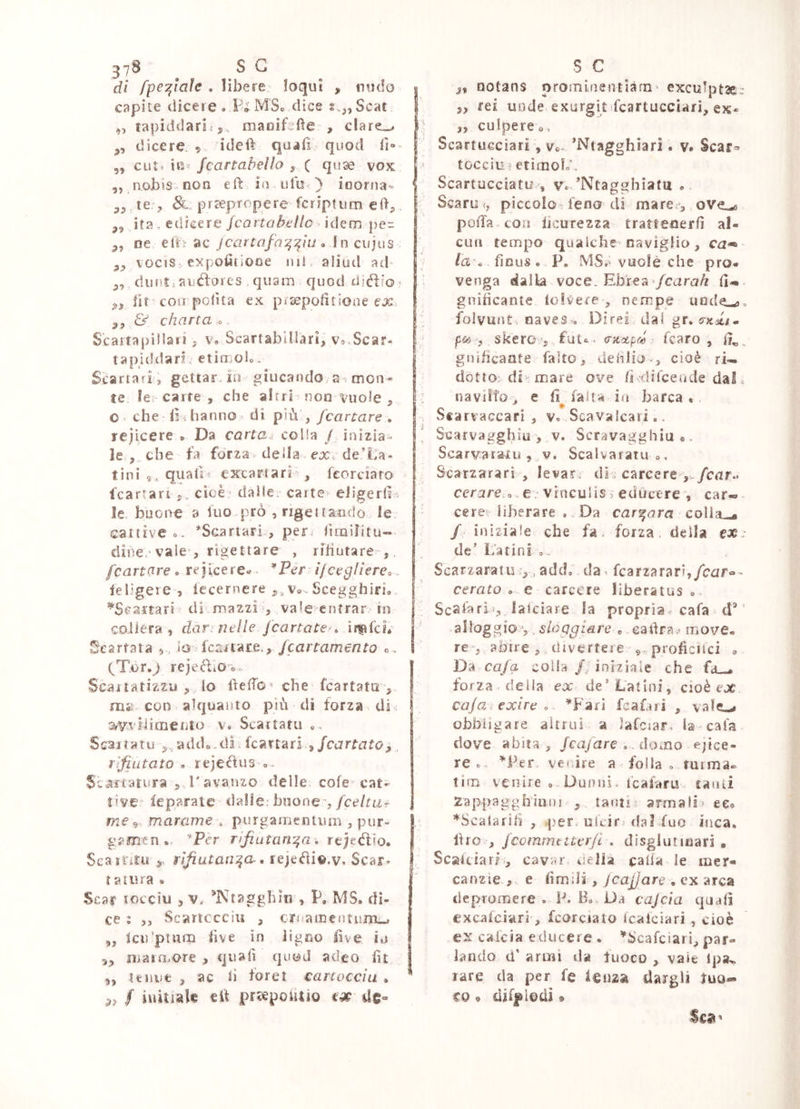 di fpe'^iaìe , libere loqui , nudo « capite dicere . P» MSo dice s.,,Scat ! tapiddari ! maoif dìe , cfare^ dicere. 9 ideft quali quod fi»' ,, CLit^ iu* /cartabello yX qitae vox ,, nobis non eft in ulu, ) ioorna- ' 8l. praepropere fcriptucn ed;> ita, edrcere /cartabello idem per ne elh ac jcartafa:^'4hi ^ fn cujus locis expotìiiooe mi, aliud ad* ^5 duntj auriores ,quam quod djdfo ^5 fif cou polita ex praepolitione ex & charta o Scairapìllaii, v» Scartabìlfari,* Vo.Scar- tapufdari- etìniolo» Scartari ; gettar, io giiicando, a » mon- te le carte , che airri non vuole , o* che -li i hanno - di più , fcartare , rejicere • Da cartai colla / inizia- le , che tV forza della ex, de’Ea- tini quall^ excartari , feorciaro fcarrari j.. cioè’ dalle, catte eiigerli^ le. buone a iuo prò , rigettando le cattive o. *Scartari,,, per. litnìFitu- ciiue,'vale , rigettare , libutare,, fcartare o tejicere^t ^Pér i/ceglìereo , leligere , Iccernere ,,, v»-Scegghirb ! ^Scartati di mazzi vale entrar'lo 1 col 1Cra , darì nelle fcartare/. irpfci* j Se artata ,, » o 1 car /cartamento c. I (^Tor,^ rejeéliO-e,. I Scaitatizzu , lo fìelTo che fcartatu mi' con alquanto più di forza di 2^7vibmetito V. Scartarli o. Scairatu ^./addo.dL fcartari ,/cartt7fo, riputato « reje^ìus o. Segatura l'avanzo delle, cole cat- live ieparate dalle: buone', fceltiif me marame . purgamentum , pur- j gamen.* *Pèr rìfiutarr^a, rejeòfio, 1 Seairitu rifiutando-, ieje<fn©.v. Scar- 1' ta tura » Scar (occiu , V* *Ntaggblti , P, MS, di- ce s ,, Scartccciu , criìamentum,^ „ Icu'pmtu live in Jigno live i.t main.ore , quali quod adeo lit tenue , ac b foret cartoccìii . * f iuitiale cit praepotitio de- notans prominentiam^ exculptse» ,, rei uode exurgitifcartucciari, ex- „ culpercov ScartuGciari , Vo- ’Ntagghiari. v. Scar=» tocciu^ etìmoL’. Scartucciatuv« ’Ntagghiatu ,, Scarti (, piccolo* feno di mare-,, ove^ poira,con licurezza trattenerli al- cun tempo qualche naviglio, ca^ /<2\> fious. P. MS. vuole che pro- venga dalla voce. Ebrea'/caraù Ci-m gnitìcante lolvere , nempe unde^. folvunt, naves , Direi, dal gr. «r;tcst/- p; , skero fut^ ^ a-itctpr^ fearo , gnihcaate faìto, dehlio-, cioè ri- dotto: di naare ove li difeeude dal 4 navilto* e li falla i/i barca, Scarvaccari , v. Scavalcati.. Scarvagghiu , v. Scravagghiu e. Scarvaraiu ,,V. ScalvaratUo, Scarzarari , levar, di, carcere v-/cdr.. cerare 0 . e. vinculis > educere car-- cere liberare . Da carrara ' colla^ / iniziale che fa. forza, della exs de’ Latini 0-. Searzaratu , addo da^ fcarzarari,/car®- cerato , e carcere liberatus o. Scalari ?, laiciare la propria, cafa cV ' alloggio v . sloQgiare , eaiìra.» move, re-, abire, (Uvertere ^-proficiici <, Da co/a colia /.iniziale c he fd—• forza della ex de’Latini, cioè cjc ca/cii exire o ^Fari fcafari , valc^ obbligare aitriii a ìafciar, la cala dove abita, /cajare do,no ejice- re o. ^Per. vei.ire a folla « tuima- lim venire o.Uuniii. l'calaru tanti Zappagghìiiu! , tanjis armati? eCo *Scalarib , per. ckir-'dal fuo inca. Uro , /commttterji . disglutiaari . Scalciari:, cavar uelia calla le mer- canzie , e lim dà , Jcajjare • ex arca depromere . P. Bo Da cajcia quedì excalcìari, fcorciato Icalciari , cioè ex calcia educete . ^Scafeiari, par- iando d’ armi da fuoco , vaie lpa>, rare da per fe ienzsi dargli tuo- co, difplodi »