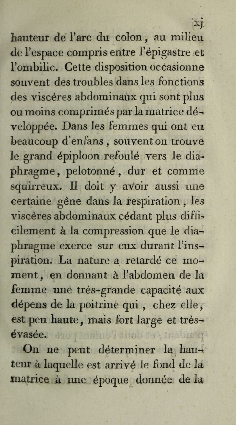 xy hauteur de l’arc du colon, au milieu de l’espace compris entre l’épigastre et l’ombilic. Cette disposition occasionne souvent des troubles dans les fonctions des viscères abdominaux qui sont plus ou moins comprimés par la matrice dé- veloppée. Dans les femmes qui ont eu beaucoup d’enfans , souvent on trouve le grand épiploon refoulé vers le dia- phragme , pelotonné, dur et comme squirreux. Il doit y avoir aussi une certaine gêne dans la respiration , les viscères abdominaux cédant plus diffi- cilement à la compression que le dia- phragme exerce sur eux durant l’ins- piration. La nature a retardé ce mo- ment , en donnant à l’abdomen de la femme une très-grande capacité aux dépens de la poitrine qui , chez elle, est peu haute, mais fort large et très- évasée. On ne peut déterminer la hau- teur à laquelle est arrivé le fond de la matrice à une époque donnée de la