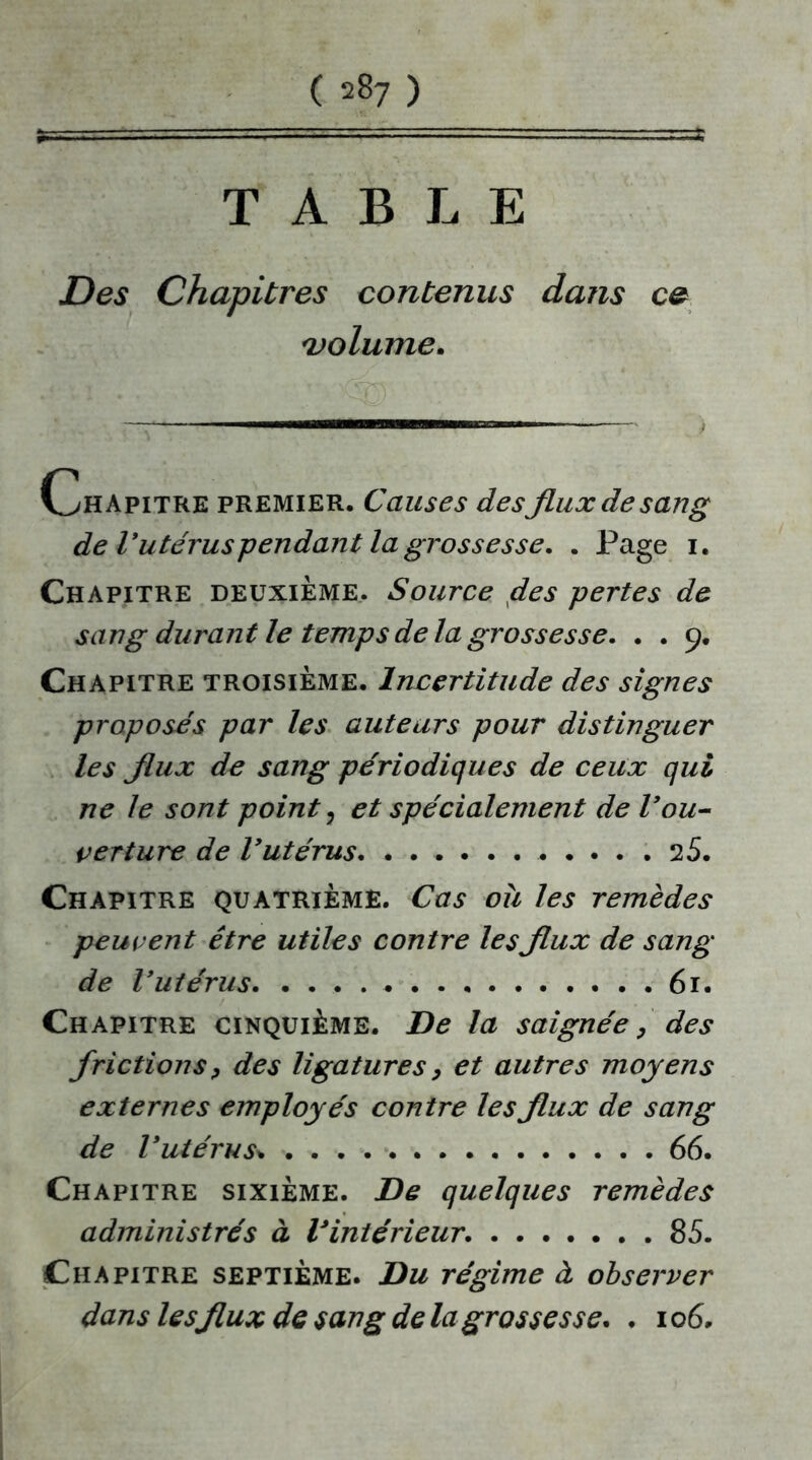 TABLE Des Chapitres contenus dans ce 'volume. Chapitre premier. Causes desflux de sang de V utérus pendant la grossesse. . Page 1. Chapitre deuxième. Source des pertes de sang durant le temps delà grossesse. . . 9. Chapitre troisième. Incertitude des signes proposés par les auteurs pour distinguer les flux de sang périodiques de ceux qui ne le sont point ? et spécialement de Vou- verture de Vutérus. 2 5. Chapitre quatrième. Cas où les remèdes peuvent être utiles contre lesflux de sang de Vutérus 61. Chapitre cinquième. De la saignée, des frictionsp des ligatures, et autres moyens externes employés contre les flux de sang de Vutérus* . . 66. Chapitre sixième. De quelques remèdes administrés à l'intérieur. 85. Chapitre septième. Du régime à observer dans les flux de sang de la grossesse. . 106.