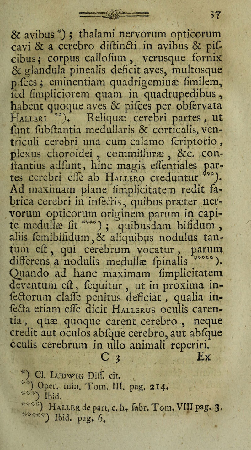 3-7 & avibus *) ; thalami nervorum opticorum cavi & a cerebro diftindi in avibus & piC cibus; corpus callofum , verusque fornix & glandula pinealis deficit aves, multosque p Ices; eminentiam quadrigeminae fimilem, lcd fimpliciorem quam in quadrupedibus, habent quoque aves & pilees per obfervata Kalleri Reliquae cerebri partes, ut funt lubftantia medullaris & corticalis, ven- triculi cerebri una cum calamo feriptorio, plexus choroidei , commiflurae , &c. con- Itantius adfunt, hinc magis elfentiales par- tes cerebri efie ab Hallero creduntur *w). Ad maximam plane fimplicitatem redit fa- brica cerebri in inleftis, quibus praeter ner- vorum opticorum originem parum in capi- te medullae fit aw<>) ; quibusdam bifidum , aliis femibifidum,& aliquibus nodulus tan- tum eft , qui cerebrum vocatur , parum differens a nodulis medullae fpinalis Quando ad hanc maximam fimplicitatem deventum eft, feqiutur, ut in proxima in- fe&orum clalfe penitus deficiat , qualia in- fecta etiam efie dicit Hal-lerus oculis caren- tia , quae quoque carent cerebro , neque credit aut oculos ablque cerebro, aut ablque oculis cerebrum in ullo animali reperiri. C 3 Ex *) Cl. Ludwig Diff. cit. ' ') Oper. inio. Tora, III. pag. 214. ***) Ibid. T, I TT) ^ALLER l^e part. c. h, fabr. Tora. VIII pag. 3» ' d Ibid. pag, 6,