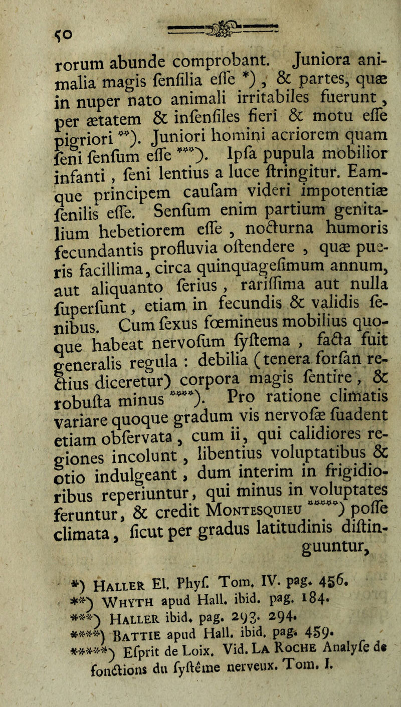 <0 ==38P= rorum abunde comprobant. Juniora ani- malia magis fenfilia efle *) , & partes, quae in nuper nato animali irritabiles fuerunt, per aetatem & infenfiles fieri & motu efle pigriori w). Juniori homini acriorem quam feni lenium efle Ipfa pupula mobilior infanti, feni lentius a luce ftringitur. Eam- que principem caufam videri impotentiae fenilis efle. Senfum enim partium genita- lium hebetiorem efle , nofturna humoris fecundantis profluvia oftendere , quae pue- ris facillima, circa quinquagefimum annum, aut aliquanto ferius , rariflima aut nulla fuperfunt, etiam in fecundis & validis fe- libus. Cum fexus foemineus mobilius quo- que habeat nervofum lyftema , fada fuit generalis regula : debilia (tenera forfan re- ftius diceretur) corpora magis fentire , & robufta minus Pro ratione climatis variare quoque gradum vis nervofae fuadent etiam obfervata , cum ii, qui calidiores re- giones incolunt, libentius voluptatibus & otio indulgeant, dum interim in frigidio- ribus reperiuntur, qui minus in voluptates feruntur, & credit Montesquieu ““***) pofle climata, ficut per gradus latitudinis diftin- guuntur, *) Haller El. Phyf. Tom. IV. pag. 456. WhYTH apud Hali. ibid. pag, 184* ***) Haller ibid* pag. 293. 294. ***»\ BaTTIE apud Hali, ibid, pag* 459* *-;***-*^ Efprit de Loix, Vid. La Roche Analyfe d« fondUbns du fyfteme nerveux. Tom. I.