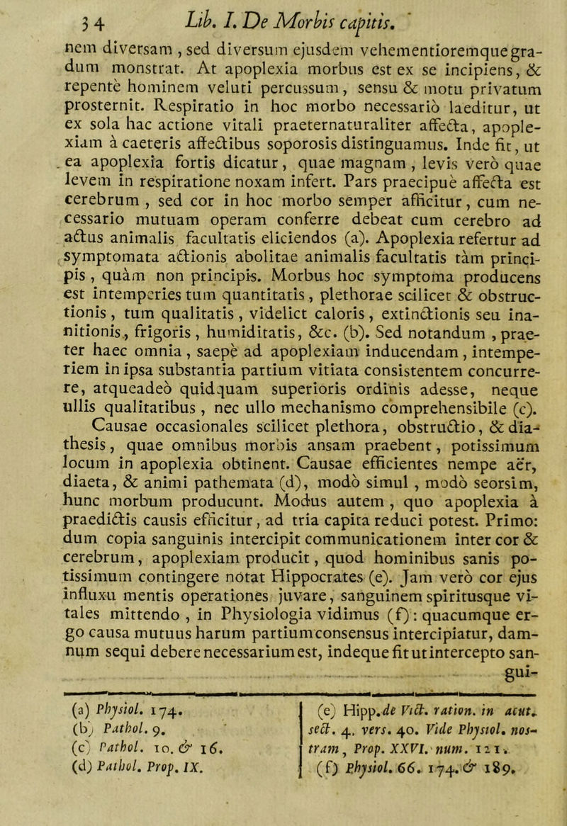 nem diversam ,sed diversum ejusdem vehementloremquegra- dum monstrat. At apoplexia morbus est ex se incipiens, &amp; repente hominem veluti percussum, sensu &amp; motu privatum prosternit. Respiratio in hoc morbo necessario laeditur, ut ex sola hac actione vitali praeternaturaliter afFefta, apople- xiam acaeteris affedibus soporosisdistinguamus. Inde fit, ut ea apoplexia fortis dicatur, quae magnam , levis vero quae levem in respiratione noxam infert. Pars praecipue alfeda est cerebrum , sed cor in hoc morbo semper afficitur, cum ne- cessario mutuam operam conferre debeat cum cerebro ad adlus animalis facultatis eliciendos (a). Apoplexia refertur ad symptomata aftionis abolitae animalis facultatis tam princi- pis , quam non principis. Morbus hoc symptoma producens est intemperies tum quantitatis , plethorae scilicet &amp; obstruc- tionis , tum qualitatis , videlict caloris, extindionis seu ina- nitionis, frigoris , humiditatis, &amp;c. (b). Sed notandum , prae- ter haec omnia , saepe ad apoplexiam inducendam , intempe- riem in ipsa substantia partium vitiata consistentem concurre- re, atqueadeb quid quam superioris ordinis adesse, neque ullis qualitatibus, nec ullo mechanismo comprehensibile (c). Causae occasionales scilicet plethora, obstrudio, &amp;dia- thesis, quae omnibus morbis ansam praebent, potissimum locum in apoplexia obtinent. Causae efficientes nempe aer, diaeta, &amp; animi pathemata (d), modo simul , modo seorsim, hunc morbum producunt. Modus autem , quo apoplexia a praedidis causis efficitur, ad tria capita reduci potest. Primo: dum copia sanguinis intercipit communicationem inter cor &amp; cerebrum, apoplexiam producit, quod hominibus sanis po- tissimum contingere notat Hippocrates (e). Jam vero cor ejus influxu mentis operationes juvare, sanguinem spiritusque vi- tales mittendo, in Physiologia vidimus (f): quacumque er- go causa mutuus harum partiumconsensus intercipiatur, dam- num sequi debere necessarium est, indeque fit ut intercepto san- gui- (a) Phjsiol. 174. (e) Vi^. ration. in acut,. (b; Pathol. 9. jfcf. 4, vers. 40. Vide Phjsiol, nos^ (c) Pathol, \o,&amp; 16. tram, Prep. XXVI. num. 121. (tl) Pathol, Prof. IX. (0 Phpiol.66, ij^.&amp; 189,