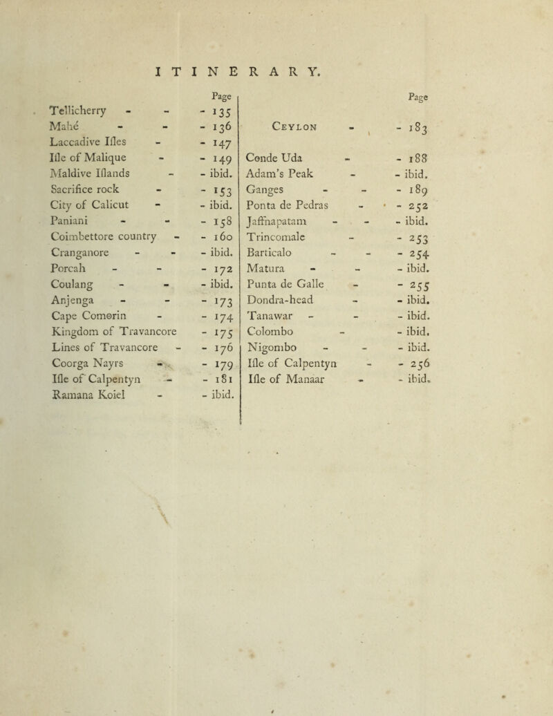 Page Tellicherry - *35 Mahe - 136 Laccadive Ides  H7 Iile of Malique - 149 Maidive Iflands - ibid. Sacrifice rock - *53 City of Calicut - ibid. Paniani - 158 Coimbettore country - 160 Cranganore - ibid. Porcah - 172 Coulang - ibid. Anjenga - *73 Cape Comorin - *74 Kingdom of Travancore - *75 Lines of Travancore - 176 Coorga Nayrs ~ *79 Ifle of' Calpentyn - 181 Ramana Koiel - ibid. Page Ceylon \ - 183 Conde Uda - 188 Adam’s Peak - ibid. Ganges - 189 Ponta de Pedras * - 252 Jaffna patam - ibid. Trincomale - 253 Barticalo - 254 Matura - ibid. Punta de Galle - 255 Dondra-head - ibid. Tana war - ibid. Colombo - ibid. Nigombo - ibid. Ifle of Calpentyn - 256 Ifle of Manaar - ibid. /