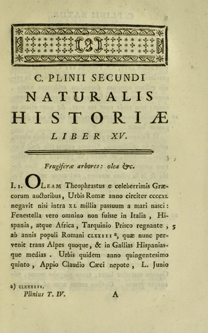 C. PLINII SECUNDI NATURALIS HISTORUE LIBER XV. Frugifera arbores: olea &c. 1.1. Oleam Theophrastus e celeberrimis Grae- corum au&oribus, Urbis Romae anno circiter ccccxl negavit nisi intra xl millia passuum a mari nasci: Fenestella vero omnino non fuisse in Italia , Hi- spania, atque Africa, Tarquinio Prisco regnante , ab annis populi Romani clxxiii3, quae nunc per- venit trans Alpes quoque, & in Gallias Hispanias- que medias . Urbis quidem anno quingentesimo quinto , Appio Claudio Caeci nepote , L. Junio a) clxxxiii. Plinius T. IV. A t