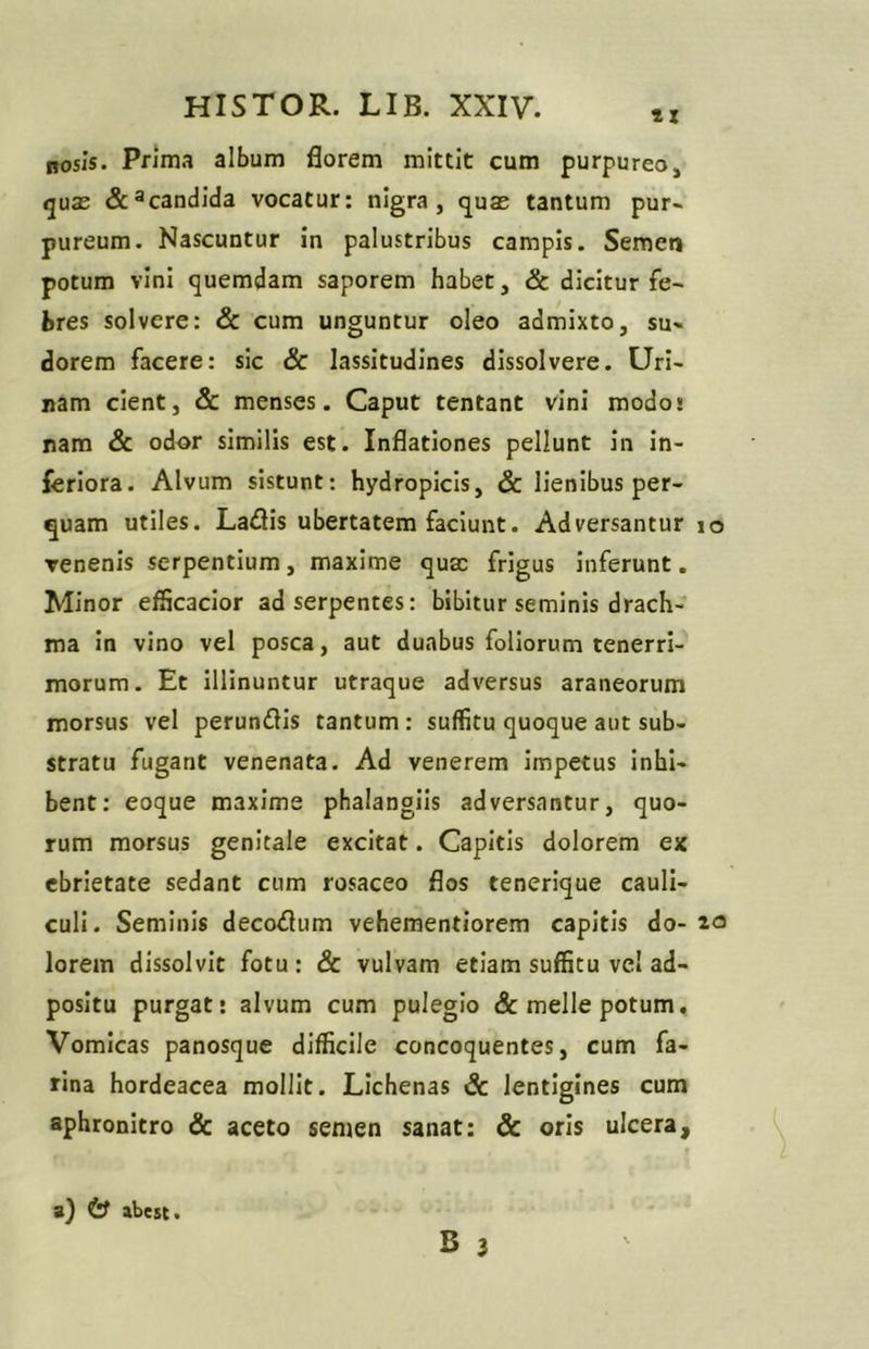 nosis. Prima album florem mittit cum purpureo, quas &acandida vocatur: nigra, quas tantum pur- pureum. Nascuntur in palustribus campis. Semen potum vini quemdam saporem habet, & dicitur fe- bres solvere: & cum unguntur oleo admixto, su- dorem facere: sic & lassitudines dissolvere. Uri- nam cient, & menses. Caput tentant vini modo* nam & odor similis est. Inflationes pellunt in in- feriora. Alvum sistunt: hydropicis, & lienibus per- quam utiles. La<flis ubertatem faciunt. Adversantur 10 venenis serpentium, maxime qusc frigus inferunt. Minor efficacior ad serpentes: bibitur seminis drach- ma in vino vel posca, aut duabus foliorum tenerri- morum. Et illinuntur utraque adversus araneorum morsus vel perun&is tantum: suffitu quoque aut sub- stratu fugant venenata. Ad venerem impetus inhi- bent: eoque maxime phalangiis adversantur, quo- rum morsus genitale excitat. Capitis dolorem ex ebrietate sedant cum rosaceo flos tenerique cauli- culi. Seminis deco&um vehementiorem capitis do- 20 lorem dissolvit fotu: & vulvam etiam suffitu vel ad- positu purgat: alvum cum pulegio & meile potum. Vomicas panosque difficile concoquentes, cum fa- rina hordeacea mollit. Lichenas & lentigines cum aphronitro & aceto semen sanat: & oris ulcera. B 3 a) & abest.