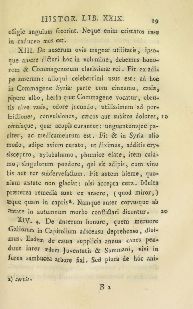 effigie angulum fecerint. Neque enim cristatos esse in caduceo mos est. XIII. De anserum ovis magnas utilitatis, ipso- que ansere dl(flurl hoc in volumine, debemus hono- rem Sc Commagenorum clarissimae rei. Fit ex adi- pe anserum: alloqui celeberrimi usus est: ad hoc m Commagene Syriae parte cum cinnamo, casia, pipere albo, herba quas Commagene vocatur, obru- tis nive vasis, odore jucundo, utilissimum ad per- fridlones, convulsiones, caecos aut subitos dolores, lo omniaque, quas acopis curantur: unguentumque pa- riter, ac medicamentum est. Fit & In Syria alio modo, adipe avium curato, ut diximus, additis ery* sisceptro, xylobalsamo, phcenice elate, item cala- mo, singulorum pondere, qui sit adipis, cum vino bis aut ter subfervefadum. Fit autem hierae, quo- niam asstate non glaciat: nisi accepta cera. Multa prsterea remedia sunt ex ansere, (quod miror,) seque quam in capris». Namque anser corvusque ab «state in autumnum morbo conffldlarl dicuntur. lo Xlv. 4. De anserum honore, quem meruere Gallorum in Capitolium adscensu deprehenso, dixi* must Eadem de causa supplicia annua canes pen- dunt inter aedem Juventatis & Summani, vivi in furca sambucea arbore fixi. Sed plura de hoc ani* a) corvU’