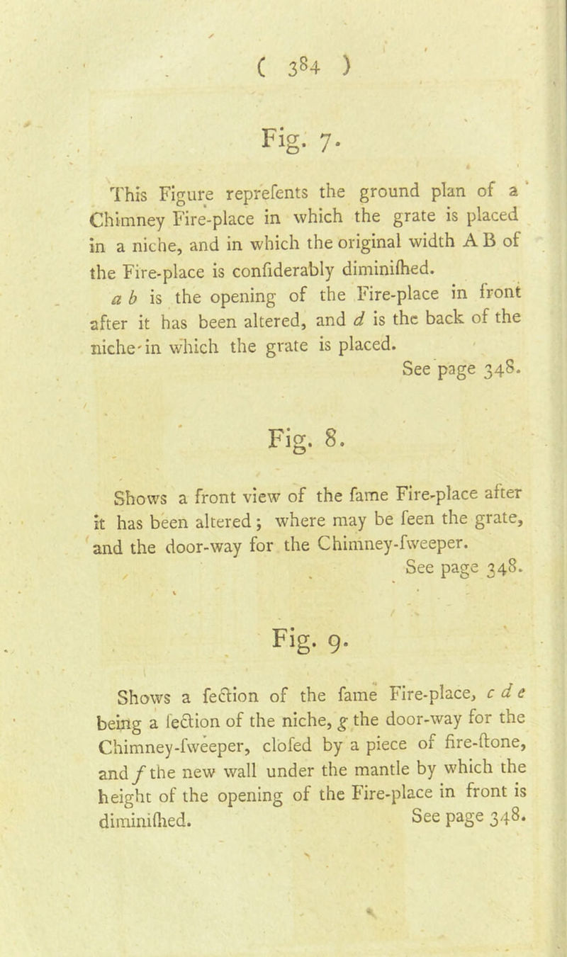 ( 3*4 ) Fig. 7. This Figure reprefents the ground plan of a Chimney Fire-place in which the grate is placed in a niche, and in which the original width A B of the Fire-place is confiderably diminifhed. a b is the opening of the Fire-place in front after it has been altered, and d is the back of the niche'in which the grate is placed. See page 348. / Fig. 8. Shows a front view of the fame Fire-place after it has been altered; where may be feen the grate, and the door-way for the Chimney-fweeper. See page 348. Fig. 9. Shows a fection of the fame Fire-place, c d e being a lection of the niche, g the door-way for the Chimney-fweeper, clofed by a piece of fire-ltone, andjf the new wall under the mantle by which the height of the opening of the Fire-place in front is diminifhed. See page 348.