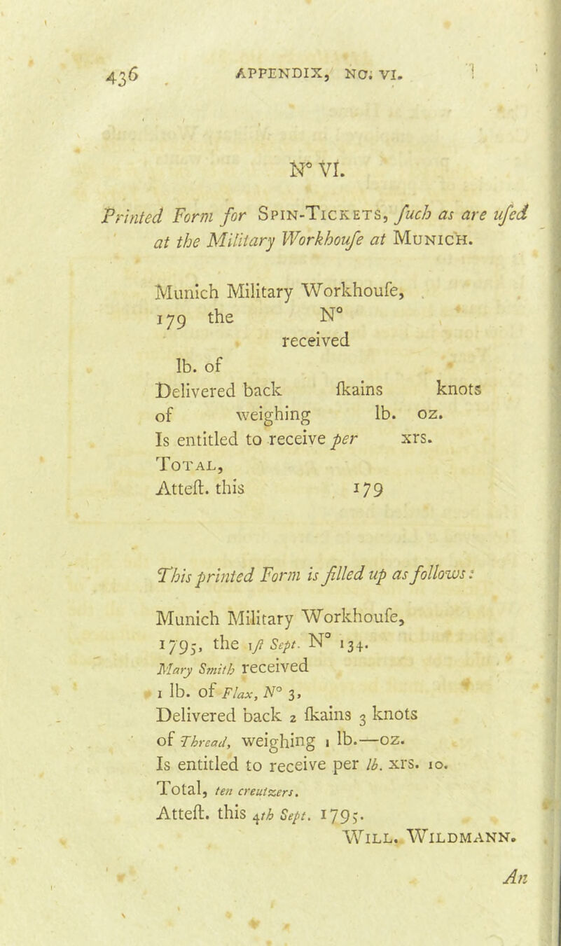 1 * / N° VI. Printed Form for Spin-Tickets, fuch as are ufed at the Military Workhoufe at Munich. Munich Military Workhoufe, 179 the N° received lb. of Delivered back fkains knots of weighing lb. oz. Is entitled to receive per xrs. Total, Atteft. this 179 This printed Form is filled up as follows: Munich Military Workhoufe, 1795, the \p Sept. N° 134. Mary Smith received I lb. of Flax, N° 3, Delivered back 2 fkains 3 knots of Thread, weighing 1 lb.—oz. Is entitled to receive per lb. xrs. 10. Total, ten creutzers. Atteft. this 4/i> Sept. 1795. Will. Wildmann.