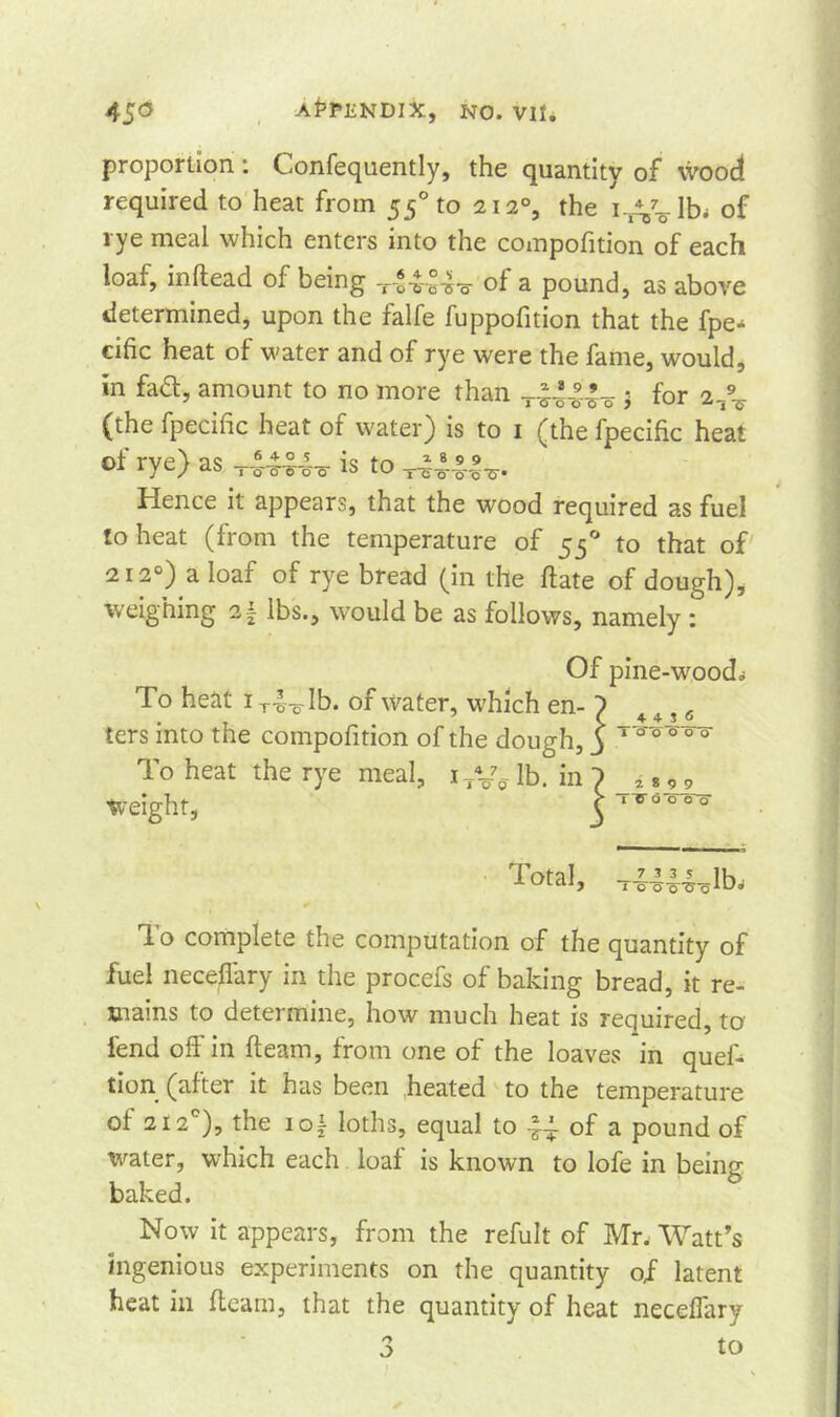 proportion : Confequently, the quantity of wood required to heat from 550 to 212°, the i^lb* of rye meal which enters into the compofition of each loaf, inflead of being °f a pound, as above determined, upon the falfe fuppofition that the fpe^ ciftc heat of water and of rye were the fame, would, in fa£t, amount to no more than j for 2^% (the fpecific heat of water) is to 1 (the fpecific heat of rye) as -rUUo is to Hence it appears, that the wood required as fuel to heat (from the temperature of 550 to that of 2120) a loaf of rye bread (in the date of dough), weighing 2 j lbs., would be as follows, namely : Of pine-woodd To heat 1 T4-^Ib. of water, which en-) 4 + s 6 ters into the compofition of the dough, 3 To heat the rye meal, iTyff lb. in , 9 Weight, 3 ,Tm° Total, 7 1 3 S i o OT5 To complete the computation of the quantity of fuel neceffary in the procefs of baking bread, it re- mains to determine, how much heat is required, to lend off in fleam, from one of the loaves in quef- tion (after it has been heated to the temperature of 2120), the io± loths, equal to 44 of a pound of water, which each loaf is known to lofe in being baked. Now it appears, from the refult of Mr. Watt’s ingenious experiments on the quantity of latent heat in fleam, that the quantity of heat neceffary