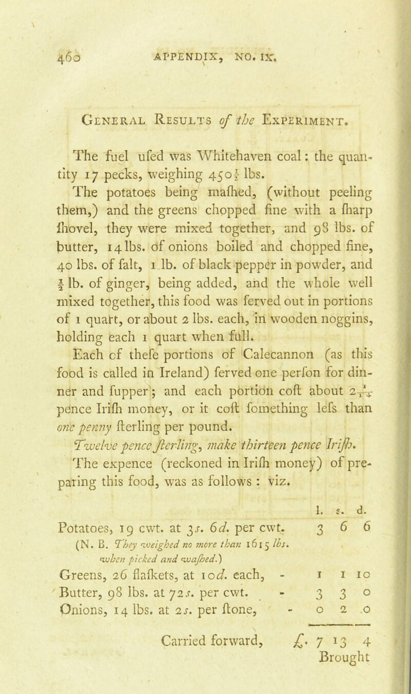 General Results of the Experiment. The fuel ufed was Whitehaven coal: the quan- tity 17 pecks, Weighing 45of lbs. The potatoes being rnafhed, (without peeling them,) and the greens chopped fine with a fliarp fhovel, they were mixed together, and 98 lbs. of butter, 14 lbs. of onions boiled and chopped fine, 40 lbs. of fait, 1 lb. of black pepper in powder, and \ lb. of ginger, being added, and the whole well mixed together, this food was ferved out in portions of 1 quart, or about 2 lbs. each, in wooden noggins, holding each 1 quart when full. Each cf thefe portions of Calecannon (as this food is called in Ireland) ferved one perfon for din- ner and fupper; and each portion cofl about 2^T pence Iri'fh money, or it coil fomething lefs than one penny flerling per pound. twelve pence JlcrUng, make thirteen pence Jr if. The expence (reckoned in Irifh money) of pre- paring this food, w’as as follows : viz. 1. s. d. Potatoes, 19 cwt. at y. 6d. per cwt. 366 (N. B. They weighed no more than 1615 lbs. when picked and wajhed.) Greens, 26 flafkets, at 10d. each, - 1 1 10 ' Butter, 98 lbs. at 72.r. per cwt. - 3 3° Onions, 14 lbs. at 2 s. per flone, - 020 \ ' Carried forward, £. 7 13 4 Brought