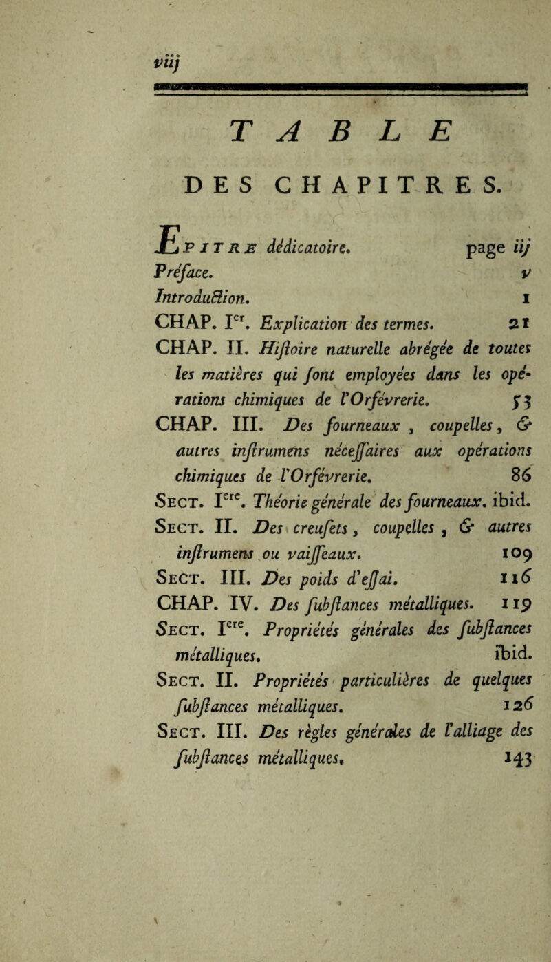 TABLE DES CHAPITRES. page uj V I 21 Epitre dèdicatoire. Préface. Introduction. CH AP. Ier. Explication des termes. CHAP. II. Hijioire naturelle abrégée de toutes les matières qui font employées dans les opé- rations chimiques de VOrfèvrerie. 13 CHAP. III. Des fourneaux , coupelles, <S* autres injirumens nécejfaires aux opérations chimiques de l'Orfèvrerie. 86 Sect. Ierc. Théorie générale des fourneaux. ïbid. Sect. II. Des creufets, coupelles , & autres injirumens ou vaijfeaux. 109 Sect. III. Des poids d'ejjai. 116 CHAP. IV. Des fubjiances métalliques. np Sect. Iere. Propriétés générales des fubjiances métalliques. ïbid. Sect. II. Propriétés particulières de quelques fubjiances métalliques. J 26 Sect. III. Des règles générales de Valliage des fubjiances métalliques, 143