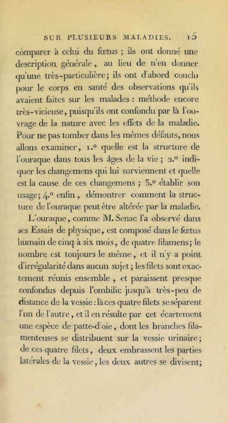 comparer à celui du fœtus ; ils ont donné une description générale , au lieu de rien donner qu’une très-particulière; ils ont d’abord conclu pour le corps en santé des observations qu’ils avaient faites sur les malades : méthode encore très-vicieuse, puisqu’ils ont confondu par là l’ou- vrage de la nature avec les effets de la maladie. Pour ne pas tomber dans les mêmes défauts, nous allons examiner, i.° quelle est la structure de l’ouraque dans tous les âges de la vie ; 2.0 indi- quer les changemens qui lui surviennent et quelle est la cause de ces changemens ; 3.° établir son usage; 4*° enfin , démontrer comment la struc- ture de l’ouraque peut être altérée par la maladie. L’ouraque, comme M. Senac l’a observé dans ses Essais de physique, est composé dans le fœtus humain de cinq à six mois, de quatre filamens; le nombre est toujours le même, et il n’y a point d’irrégularité dans aucun sujet ; les filets sont exac- tement réunis ensemble , et paraissent presque confondus depuis l’ombilic jusqu’à très-peu de distance de la vessie : là ces quatre filets se séparent 1 un de l’autre, et il en résulte par cet écartement une espèce de pattc-d oie, dont les branches fila- menteuses se distribuent sur la vessie urinaire ; de ces quatre filets, deux embrassent les parties latérales de la vessie, les deux autres se divisent;