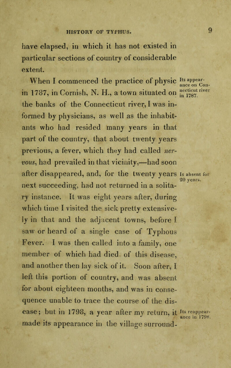 have elapsed, in which it has not existed in particular sections of country of considerable extent. When I commenced the practice of physic in 1787, in Cornish, N. H., a town situated on the banks of the Connecticut river, I was in- formed by physicians, as well as the inhabit- ants who had resided many years in that part of the country, that about twenty years previous, a fever, which they had called ner- vous^ had prevailed in that vicinity,—had soon after disappeared, and, for the twenty years next succeeding, had not returned in a solita- ry instance. It was eight years after, during which time I visited the sick pretty extensive- ly in that and the adjacent towns, before i saw or heard of a single case of Typhous Fever. I was then called into a family, one member of which had died, of this disease, and another th^n lay sick of it. Soon after, I left this portion of country, and was absent for about eighteen months, and was in conse- quence unable to trace the course of the dis- ease; but in 1798, a year after my return, it made its appearance in the village surroimd- Its appear- ance on Con- necticut river in 1787. Is absent for 20 years. Its reappear- ance in J798.