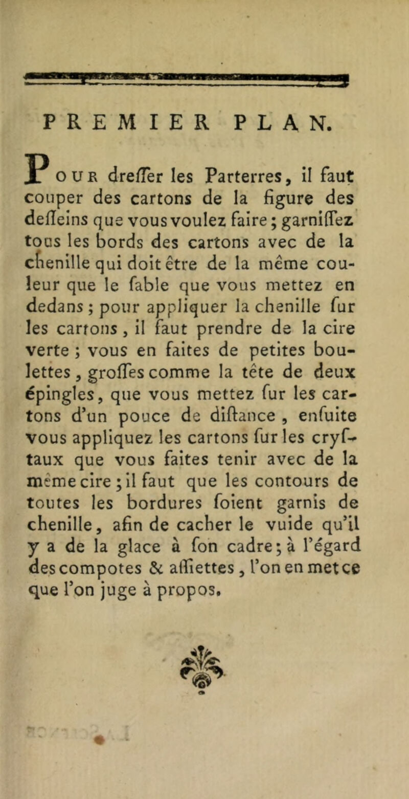 PREMIER PLAN. Pour dre/Ter les Parterres, il faut couper des cartons de la figure des defleins que vous voulez faire ; garniflez tous les bords des cartons avec de la cfienille qui doit être de la même cou- leur que le fable que vous mettez en dedans ; pour appliquer la chenille fur les carrons, il faut prendre de la cire verte ; vous en faites de petites bou- lettes , grolTes comme la tête de deux épingles, que vous mettez fur les car- tons d’un pouce de diftance , enfuite vous appliquez les cartons furies cryf- taux que vous faites tenir avec de la même cire ; il faut que les contours de toutes les bordures foient garnis de chenille, afin de cacher le vuide qu’il y a de la glace à fon cadre ; à l’égard des compotes & alTiettes, l’on en met ce que l’on juge à propos.