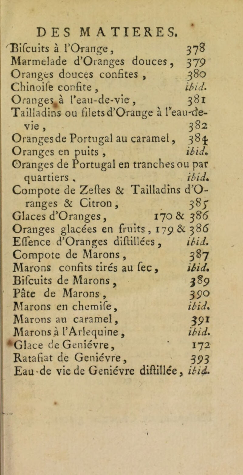 DES MATIERES. 'Bifcuits à rOrange, 37S Marmelade d’Oranges douces, 379 Orangés douces confites , 380 Chinoife confite , ihid. Orangesj^à l’eau-de-vie, 381 Tallladins ou filetsd’Orange à Teau-tte- vie, 382 Orangesde Portugal au caramel, 38^ Oranges en puits , ibid^ ©ranges de Portugal en tranches ou par quartiers , ibid» Compote de Zeftes & Tailladins d’O- ranges & Citron, 387 Glaces d’Oranges, 170 & 3^(5 Oranges glacées en fruits , 179 & 386 Eflence d’Oranges diflillées , ibid. Compote de Marons , 387 Marons confits tirés au fec, ibid, Bifcuits de Marons, J89 Pâte de Marons , 390 ^Tarons en chemife, ibid, Marons au caramel, Marons a TArlequine , ibid. •Glace de Genièvre, 172 Ratafiat de Genièvre, ' 393 Eau-de vie de Genièvre diftillée, ibid.