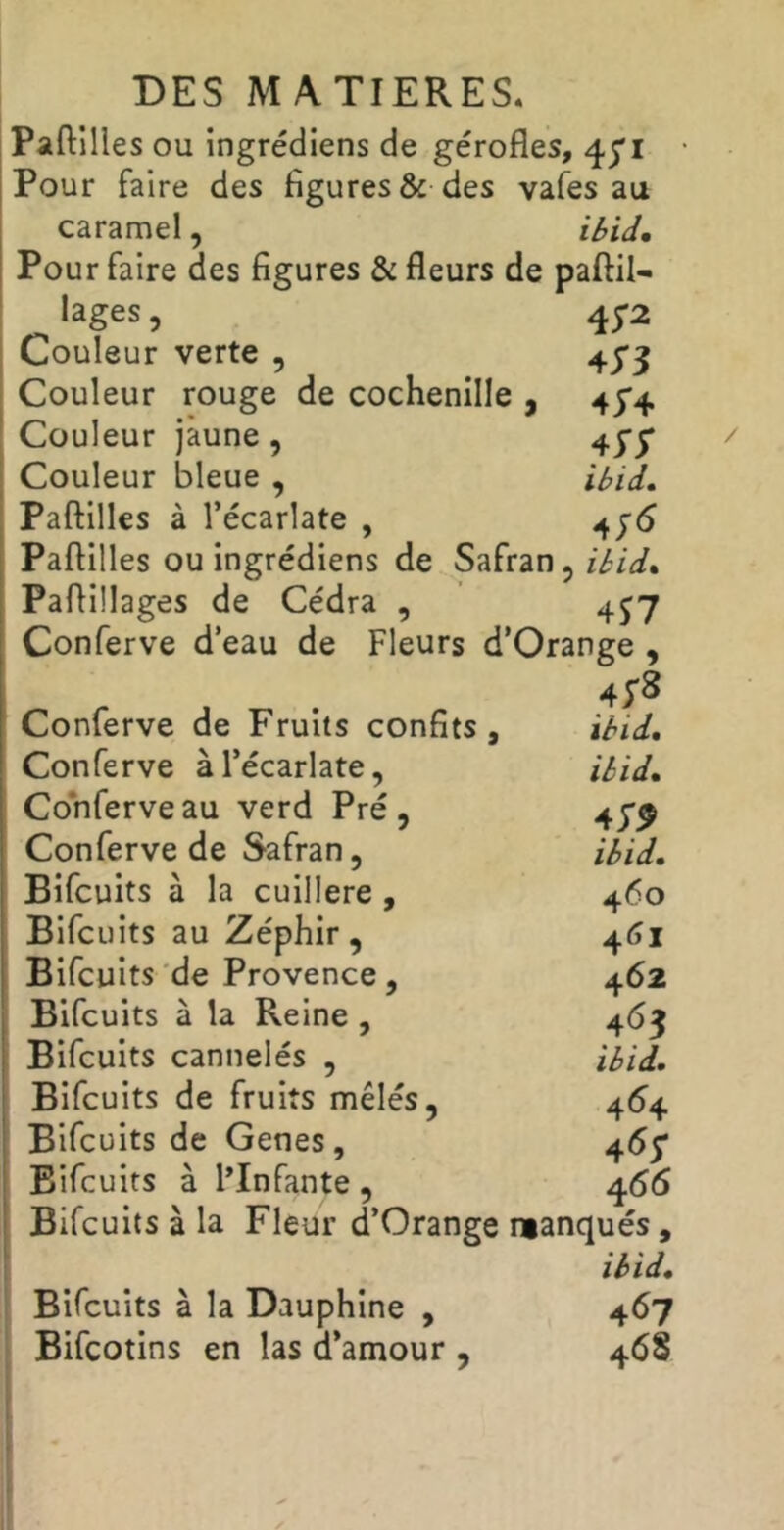 1 Paftilles ou ingrédiens de gérofles, 45*1 Pour faire des figures & des vafes au caramel, ibid. Pour faire des figures & fleurs de paftil- lages, 45-2 Couleur verte , 45*3 Couleur rouge de cochenille , 45'4 Couleur jaune, 4yy Couleur bleue , ibid. Paftilles à l’écarlate , 4j5 Paftilles ou ingrédiens de Safran, ibid* Paflülages de Cédra , 4j7 Conferve d’eau de Fleurs d'Orange , 45'8 Conferve de Fruits confits, ibid, Conferve à l’écarlate, Uid, Conferve au verd Pré, 4y^ Conferve de Safran, ibid. Bifcuits à la cuillère , 460 Bifcuits au Zéphir , 4<ji Bifcuits'de Provence , 462 Bifcuits à la Reine , 463 Bifcuits cannelés , ibid. Bifcuits de fruits mêlés, 4^4 Bifcuits de Genes, 455* Bifcuits à ITnfante , 466 Bifcuits à la Fleur d’Orange manqués, ibid. Bifcuits à la Dauphine , 467 Bifcotins en las d’amour , 468