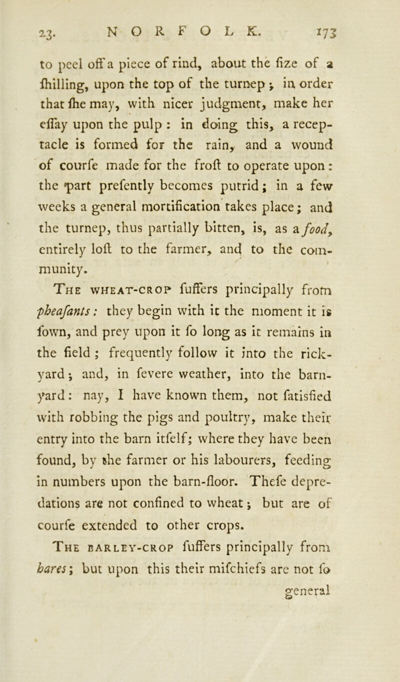 to peel off a piece of rind, about the fize of a fliilling, upon the top of the turnep in order that fhe may, with nicer judgment, make her effay upon the pulp : in doing this, a recep- tacle is formed for the rain, and a wound of courfe made for the froft to operate upon: the •part prefently becomes putrid; in a few weeks a general mortification takes place; and the turnep, thus partially bitten, is, as a food^ entirely loft to the farmer, and to the com- munity. The wheat-crop fuffers principally from fheafants: they begin with it the moment it is fown, and prey upon it fo long as it remains in the field ; frequently follow it into the rick- yard *, and, in fevere weather, into the barn- yard ; nay, I have known them, not fatisfied with robbing the pigs and poultry, make their entry into the barn itfelf; where they have been found, by the farmer or his labourers, feeding in numbers upon the barn-floor. Thefe depre- dations are not confined to wheat; but are of courfe extended to other crops. The barley-crop fuffers principally from bares \ but upon this their mifehiefs are not fo general