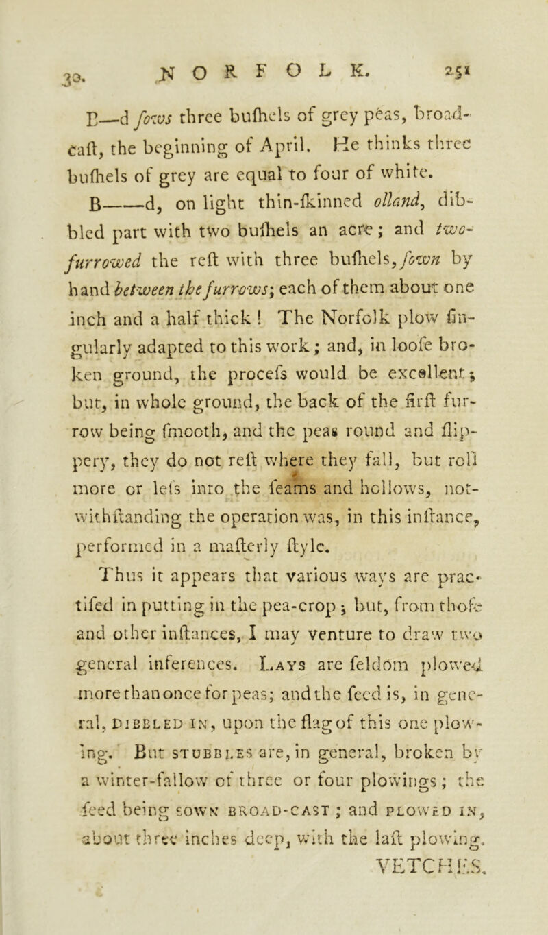 25* 3^* O R F O L K. three bufhels of grey peas, broad- call, the beginning of April. He thinks three bulhels of grey are equal to four of white. B d, on light thin-lkinned ollani^ dib- bled part with two bulhels an acre; and furrowed the reft with three J'&wn by hand between the furrows ^ each of them, about one inch and a half thick ! The Norfolk plow An- gularly adapted to this work; and, in loofe bro- ken ground, the procefs would be excellent; but, in whole ground, the back of the lirll fur- row being fmootli, and the peas round and flip- pery, they do not rell wlrere they fall, but roll more or let's into .the feams and hollows, not- withuanding the operation was, in this inilance, performed in a mallcrly llyle. Thus it appears that various ways arc prac- tifed in putting in the pea-crop ; but, from thofe and other inftances, I may venture to draw two general interences. Lays are feldom plowed, more thanonce for peas; and the feed is, in gene- ral, DIBBLED IX, upon the flagof this one plow- ing. But STUBBLES are, in general, broken by a winter-fallow of three or four plowings; the feed being sowx broad-cast ; and plowed in, about three inches deep, v;ith the lad plowin VETCHL If)