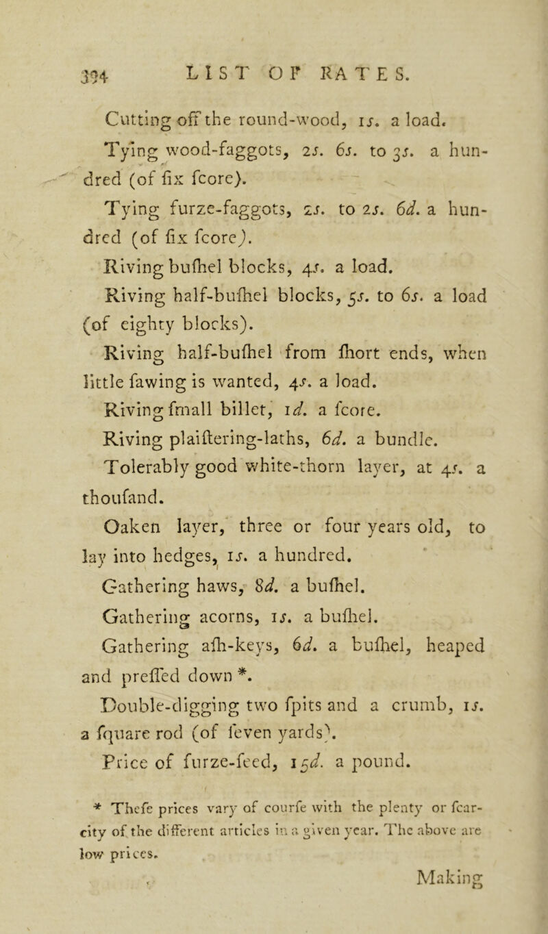 Cutting off the round-wood, ij-. a load. Tying wood-faggots, is. 6s. to ^s. a hun- »• dred (of fix fcore). Tying furze-faggots, is. to 2j. 6i. a hun- dred (of fix fcore). ■Riving bufhel blocks, 4/. a load. Riving half-bulhel blocks, ^s, to 6s. a load (of eighty blocks). Riving half-bulhel from fhort ends, when little fawing is wanted, 4s. a load. Rivingfmall billet, id. a fcore. Riving plaifiering-laths, 6d. a bundle. Tolerably good white-thorn layer, at 45. a thoufand. Oaken layer,^ three or Lour years old, to lay into hedges,^ is. a hundred. Gathering haws, Sd, a bufhel. Gathering acorns, is. a bufliel. Gathering aih-keys, 6d. a bufhel, heaped and prefTed down *. Double-digging two fpits and a crumb, is. a fquare rod (of feven yards}. Price of furze-feed, i§d. a pound. * Thcfe prices vary of courfe with the plenty or fcar- city ofjhe different articles in a given year. The above are low prices. , Making