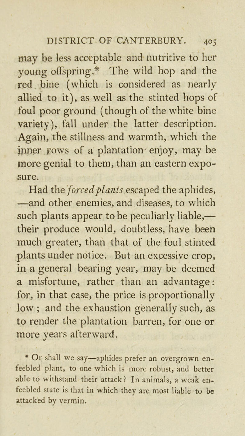may be less acceptable and nutritive to her young offspring.* The wild hop and the red bine (which is considered as nearly allied to it), as well as the stinted hops of foul poor ground (though of the white bine variety), fall under the latter description. Again, the stillness and warmth, which the jnn^r rows of a plantation^ onjoy, may be more genial to them, than an eastern expo- sure. Had the forced plants escaped the aphides, —and other enemies, and diseases, to which such plants appear to be peculiarly liable,— their produce would, doubtless, have been much greater, than that of the foul stinted plants under notice. But an excessive crop, in a general bearing year, may be deemed a misfortune, rather than an advantage: for, in that case, the price is proportionally low ; and the exhaustion generally such, as to render the plantation barren, for one or more years afterward. I * Or shall we say—aphides prefer an overgrown en- feebled plant, to one which is more robust, and better able to withstand their attack? In animals, a weak en- feebled state is that in which they are most liable to be attacked by vermin.