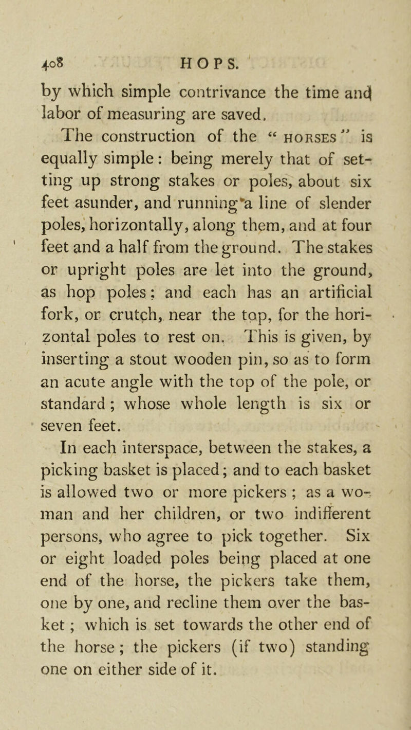 by which simple contrivance the time and| labor of measuring are saved. The construction of the 'horses' is equally simple: being merely that of set- ting up strong stakes or poles, about six feet asunder, and running'^a line of slender poles,’horizontally, along them, and at four feet and a half from the ground. The stakes or upright poles are let into the ground, as hop poles; and each has an artificial fork, or crutch, near the top, for the hori- zontal poles to rest on. This is given, by inserting a stout wooden pin, so as to form an acute angle with the top of the pole, or standard; whose whole length is six or seven feet. In each interspace, between the stakes, a picking basket is placed; and to each basket is allowed two or more pickers ; as a wo-, man and her children, or two indifferent persons, who agree to pick together. Six or eight loaded poles being placed at one end of the horse, the pickers take them, one by one, and recline them over the bas- ket ; which is set towards the other end of the horse; the pickers (if two) standing one on either side of it.