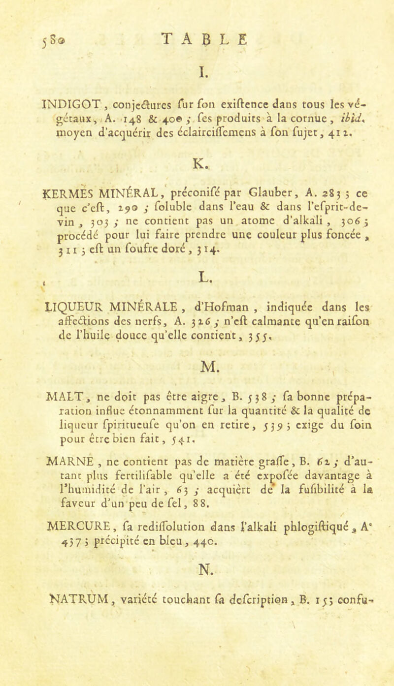 TABLE 58® I. INDIGOT , conjectures Tür fon exiftence dans tous les vé- gétaux, : A. 148 & 40© ,• fes produits à la cornue , ibîd^ moyen d’acquérir des éclairciiremens à fon fujet, 411. K. KERMES MINÉRAL, prcconifé par Glauber, A, 283 ; ce que c’eft, 190 y foluble dans l’eau & dans l’efprit-de- vin , 303 y ne contient pas un atome d’alkaili , 3063 procédé pour lui faire prendre une couleur plus foncée , 3 r I 3 cft un foufre doré ,314. LIQUEUR MINÉRALE , d’Hofman , indiquée dans les affections des nerfs, A. 316y n’cft calmante qu’enraifon de l’huile douce qu’elle contient, 355, M. MALT, ne doit pas être aigre, B. 538,* fa bonne prépa- ration influe étonnamment fur la quantité & la qualité de liqueur fpiritueufe qu’on en retire, 5393 exige du foin pour être bien fait, 541. MARNE , ne contient pas de matière grafle, B. C\; d’au- tant plus fertilifable qu’elle a été cxçofée davantage à rhumidité de l’air, 63 y acquiert de la fufibilité à la faveur d’un peu de fel, 8 8. MERCURE, fa rcdiflfolution dans l’alkali phlogiftiqué , A* 4373 précipité en bleu, 440. N. NATRUM, variété touchant fa defeription, B. ly; oonfu- \