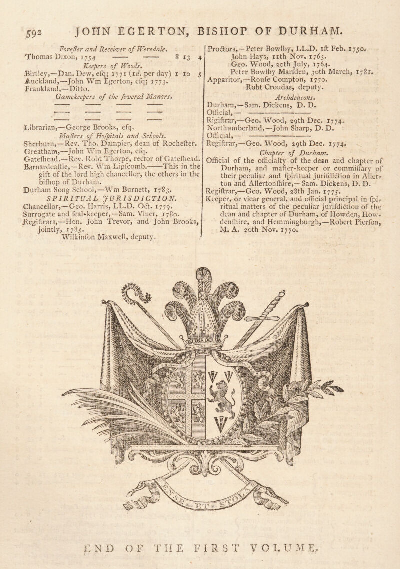 BISHOP OF DURHAM JOHN EGERTON, Forejler and Receiver of Weredale. Thomas Dixon, 1754 8 13 4 Keepers of Woods. Birtley,—Dan. Dew, efq; 1771 per day) i lo 5 Auckland,—John Wm Egerton, efq; 1773. Frankland,—Ditto. Gamekeepers of the feveral Manors, Librarian,—George Brooks, efq. Maflers of Hofpitals and Schools. Sherburn,—Rev. Tho. Dampier, dean of Rochefler. Greatham,—John Wm Egerton, efq. Gatefhead.—Rev. Robt Thorpe, rettor of Gatefiiead. Barnardcaftle,--Rev. V»hn Lipfcomb. This in the gift of the lord high chancellor, the others in the iDifnop of Durham. Durham Song Sciiool,—Wm Burnett, 1783. SPIRITUAL JURIS DICTION. Chancellor,—Geo. Harris, LL.D. Odt. 1779. Surrogate and feal‘•keeper, —Sara. Viner, 1780. Regiftrars,—Hon. John Trevor, and John Brooks, jointly, 1785. Wilkinfon Maxwell, deputy^ [ Prodtors,—Peter Bowlby, LL.D. ift Feb. 1750^ John Hays, nth Nov, 1763. Geo. Wood, aoth July, 1764. Peter Bowlby Marfden, 30th March, 1781. Apparitor,—Roufe Compton, 1770. Robt Croudas, deputy. Archdeacons. Durham,—Sam. Dickens, D. D. Official,— Rigiftrar,—Geo, Wood, zgth Dec. 1774. Northumberland,—John Sharp, D. D. Official,— Regidrar,—Geo. Wood, 29th Dec. 1774^ Chapter of Durham. Official of the officialty of the dean and chapter oF Durham, and mafter-keeper or commilfary of their peculiar and fpiritual jurifdidtion in Aller- ton and Allertonffiire,—Sam. Dickens, D.D. Regiftrar,—Geo. Wood, 28th Jan. 1775. Keeper, or vicar general, and official principal in fpi- ritual matters of the peculiar jurifdiction of the dean and chapter of Durham, of Howden, How^ denfliire, and Hemmingburgh,—Robert Pierfon, M. A. 20th Nov. 1770.
