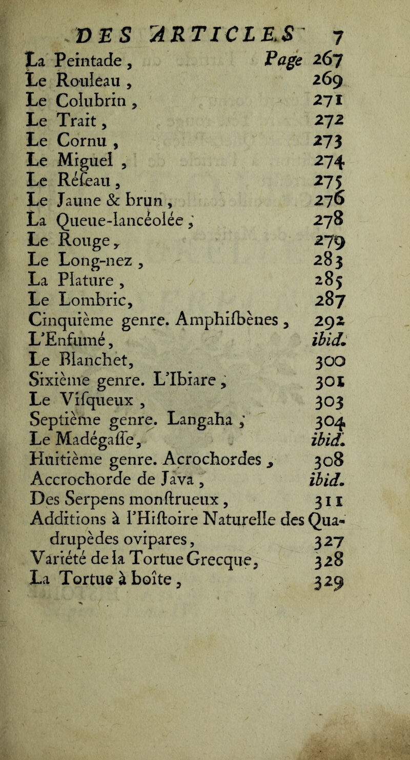 I/a Peintade , Page 267 Le Rouleau, 269 Le Colubrin , 271 Le Trait, 272 Le Cornu , 273 Le Miguel , 274 Le Réfèau, 275 Le Jaune & brun , 276 La Queue-lancéolée278 Le Rouge ^ 279 Le Long-nez , 283 La Plature , 285 Le Lombric, 287 Cinquième genre. Ampbilbènes , 292 L’Enfumé, ibid^ Le Blanchet, 3OO Sixième genre. L’Ibiare, 301 Le Vifqueux , 303 Septième genre. Langaha 3O4 Le Madégaffe, ibid. Huitième genre. Acrochordes j 308 Accrocborde de Java , ibid. Des Serpens monftrueux, 311 Additions à l’Hiftoire Naturelle des Qua- drupèdes ovipares, 327 Variété de la Tortue Grecque, 328 La Tortue à boîte, 329