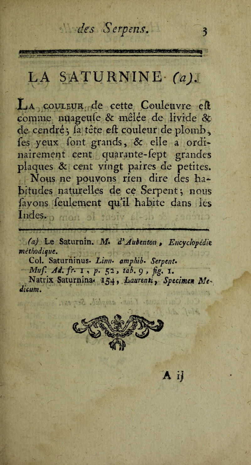 LA SATURNINE (a), ■La couxEUH.^ de cette Couleuvre eft comme nuageufe & mêiée de livide 8c de cendré-, la tête eft couleur de plomb, fes yeux font grands, & elle a ordi- nairemeut cent quarante-fept grandes plaques 8c cent vingt paires de petites. Nous ne pouvons rien dire des ba* bitiides naturelles de ce Serpent ; nous lavons feulement qu’il habite dans les Indes. (a) Le Saturnin. M. d’Juhentoti, Encyclopédie méthodique. Coi. Saturninus* Lîuu» amphih» Serpent* Muf, Ai. fm ^ P* $2 i îab. 9 , !• Natrix Saturnina- 154, Laurenh^ Specimen Me-, dieum.