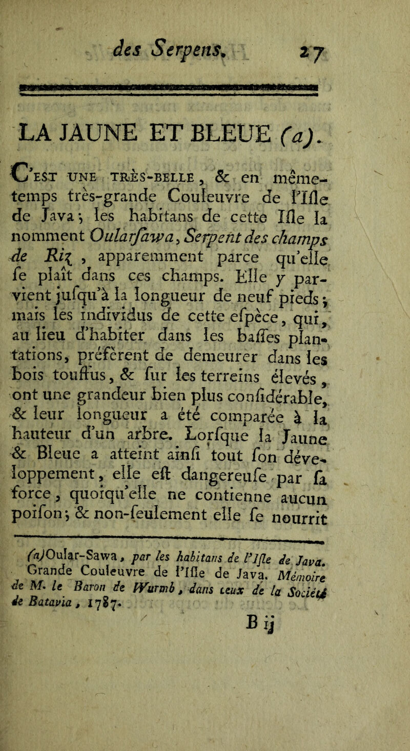 LA JAUNE ET BLEUE (a). C’est une très-belle, 8c en même- temps très-grande Couleuvre de Tille de Java-, les habitans de cette Ille la nomment Oularfawa, Serpent des champs de Rii , apparemment parce quelle fe plaît dans ces champs. Elle y par- vient jufqiTà la longueur de neuf pieds i lirais les individus de cette efpèce, qui, au lieu d’habiter dans les baffes plan- tations, préfèrent de demeurer dans les bois touffus, & fur les terreins élevés, ont une grandeur bien plus conlîdérable, & leur longueur a été comparée à la hauteur d’un arbre. Lorfqué la Jaune & Bleue a atteint ainli tout fon déve- loppement, elle eft dangereufe par la force , quoiqu’elle ne contienne aucun poifon -, & non-feulement elle fe nourrit ^rt^OuIar-Sawa, par les habitans de l’ifle ie Java Grande Couleuvre de l’Ifie de Java. Mémoire de M. U Baron de IVurrnb , dans leux de la SociéU Âe Batavia , ^ B y