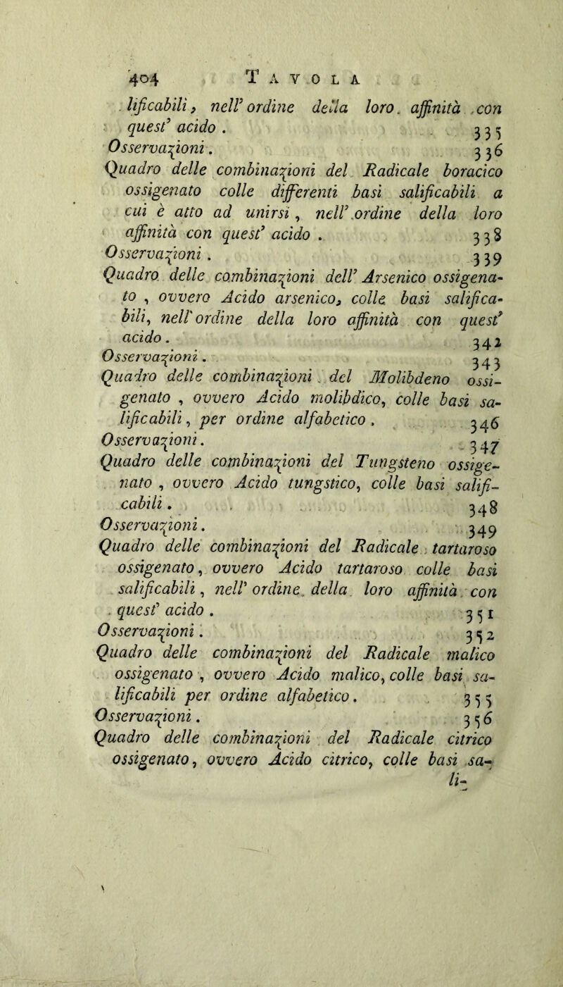 .con T Jificabilìp neirordine deUa loro, affinità ; quest^ acido . - 3 3 5 Osserva:(iom . ^ ^ 6 (Quadro delle combìna'^onì del Radicale horacico ossigenato colle differenti basi salificabili a cui è atto ad unirsi, nelWordine della loro affinità con quest'acido . 338 Osscrvafiloni. 339 Quadro, delle combinafioni dell' Arsenico ossigena^ to , ovvero Acido arsenico^ colle basi salifica^ bili., nell ordine della loro affinità con quest' acido. ^^2 O s serva filoni. Quadro delle comhinafioni, del Molibdeno ossi- genato , ovvero Acido raoUbdico., colle basi sa- lificabili., per ordine alfabetico. ^ .. Osservafiioni. 347 Quadro delle combinafiioni del Tungsteno ossige- ìiato , ovvero Acido tungstico., colle basi salifi- xabili, . . • 3^8 Osservafiioni. ,,34^ Quadro delle comhinafioni del Radicale . tartaro so ossigenato., ovvero Acido tartaroso colle basi salificabili., nell'ordine, della, loro affinità:con . quest' acido . 3^1 Osservafiioni 332 Quadro delle combinafiioni del Radicale malico ossigenato •, ovvero Acido malico., colle basi sa- lificabili per ordine alfabetico. , 315 3 Osservafiioni. ‘336 Quadro delle combinafiioni . del Radicale citrico ossigenato., ovvero Acido citrico^ colle basi sa-^ li-
