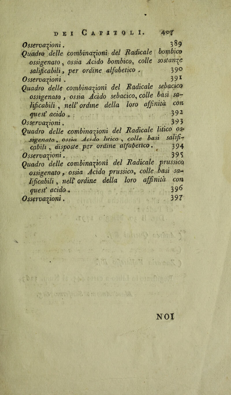 Osserva'^ionì, 3S9 Quo/dm delle coxnhìna'j^oni del Radicale hombìco ossigenato, ossia Acido bomhico^ colle sostante sal^cabili, per ordine alfabetico . 39^ Osservazioni , 39^ Quadro delle combinazioni del Radicale sebacica ossigenato y ossia Acido sebacico^ colle basi sa- lificabili , neW ordine della loro affinità con quest* acido . - ' ■ 39^ Osservazioni, .393 Quadro delle combinazioni del Radicale litico os-^ sigenato ^ ossia, ^czdo lìtico colle beisi salifi-^ cabili , disposte per ordine alfabetico. ^ 394 Osservazioni. . • 395 Quadro delle combinazioni del Radicale. prussico, ossigenato , • ossia Acida prussico^ colle .basi sa-^ lìficabili, nell* ordine della loro affinità con quesf acido,, * . - 39^ Osservazioni. ' . 397 NOI
